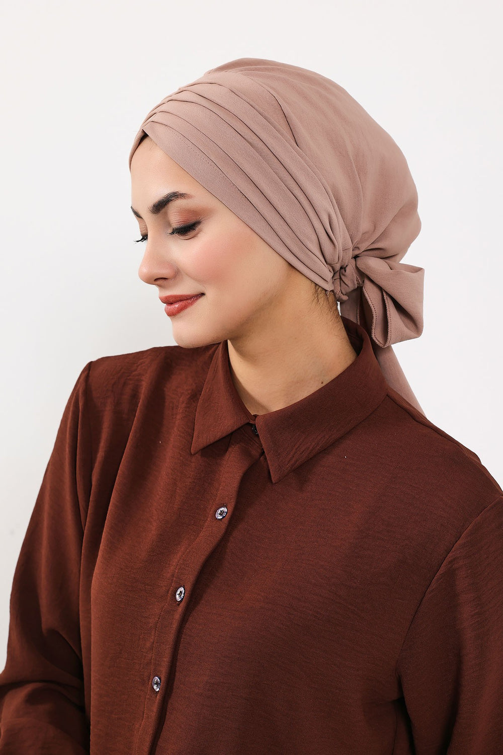 Pleated Instant Turban Aerobin Scarf Head Wrap, Belted Turban Bonnet for Women, Chic Design Instant Turban Hijab Chemo Headwear,B-86A Mink