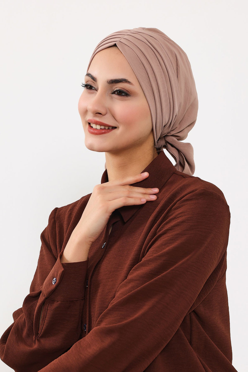 Pleated Instant Turban Aerobin Scarf Head Wrap, Belted Turban Bonnet for Women, Chic Design Instant Turban Hijab Chemo Headwear,B-86A Mink