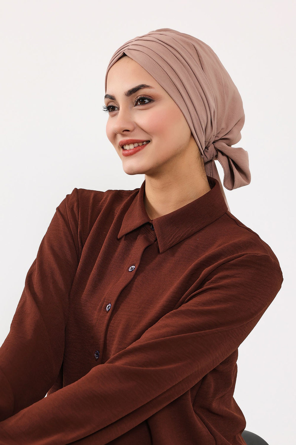 Pleated Instant Turban Aerobin Scarf Head Wrap, Belted Turban Bonnet for Women, Chic Design Instant Turban Hijab Chemo Headwear,B-86A Mink