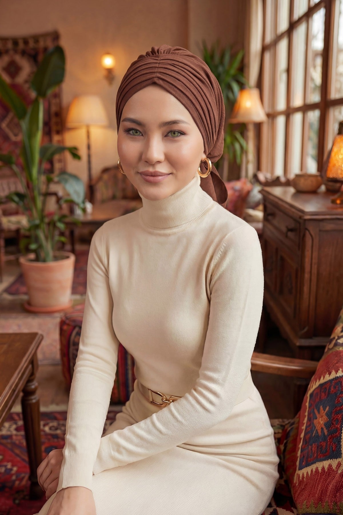 Pleated Instant Turban Aerobin Scarf Head Wrap, Belted Turban Bonnet for Women, Chic Design Instant Turban Hijab Chemo Headwear,B-86A Brown