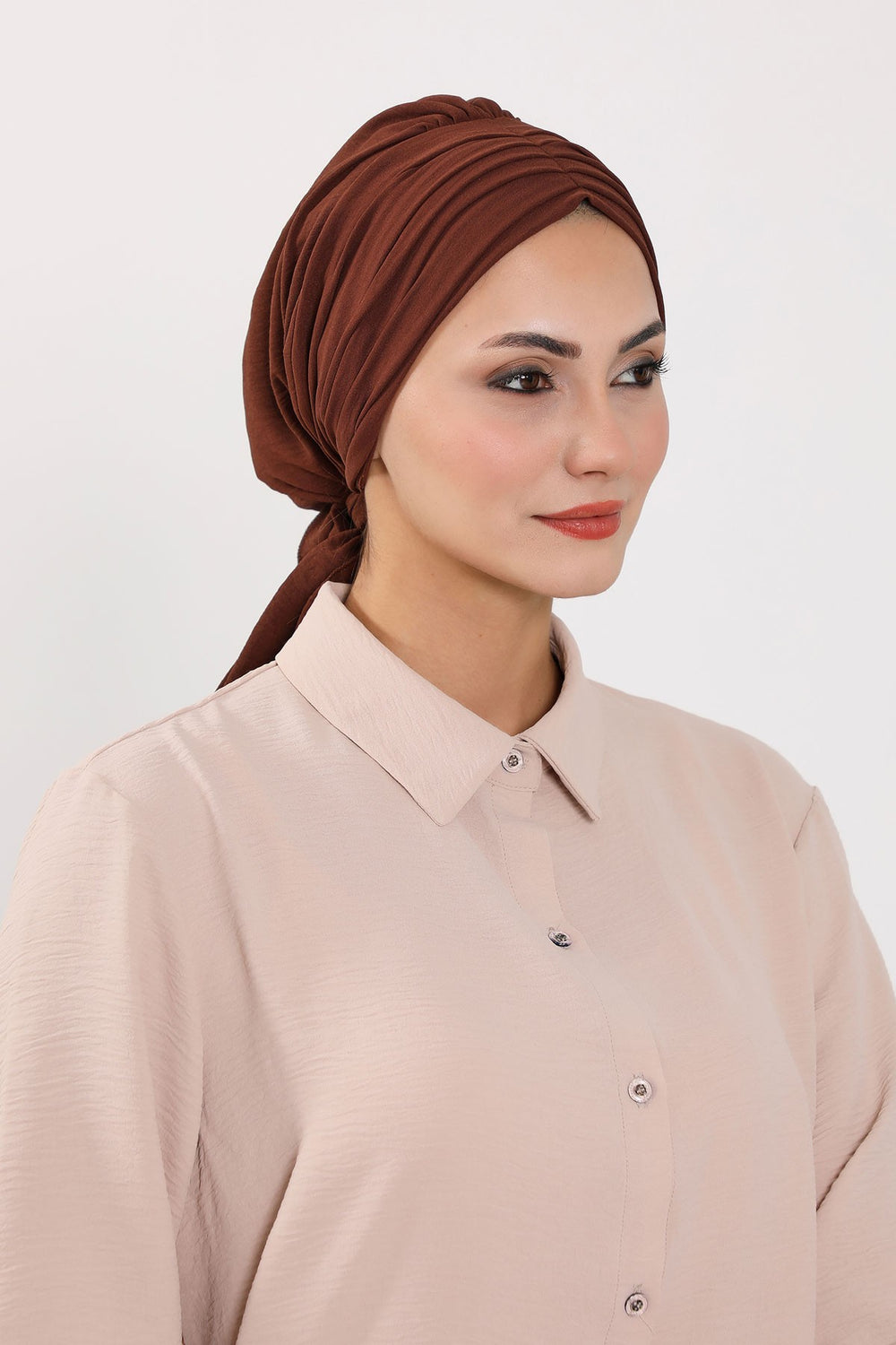 Pleated Instant Turban Aerobin Scarf Head Wrap, Belted Turban Bonnet for Women, Chic Design Instant Turban Hijab Chemo Headwear,B-86A Brown
