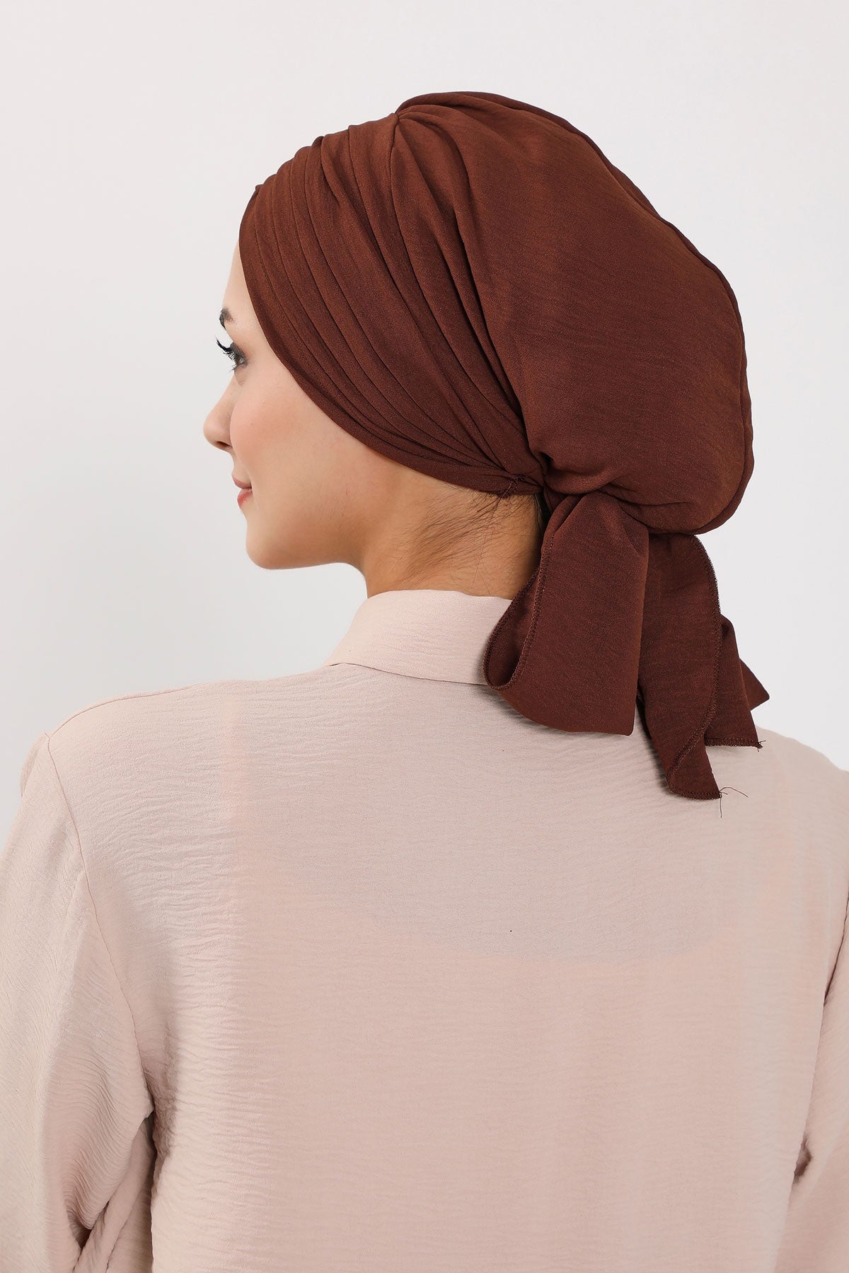 Pleated Instant Turban Aerobin Scarf Head Wrap, Belted Turban Bonnet for Women, Chic Design Instant Turban Hijab Chemo Headwear,B-86A Brown