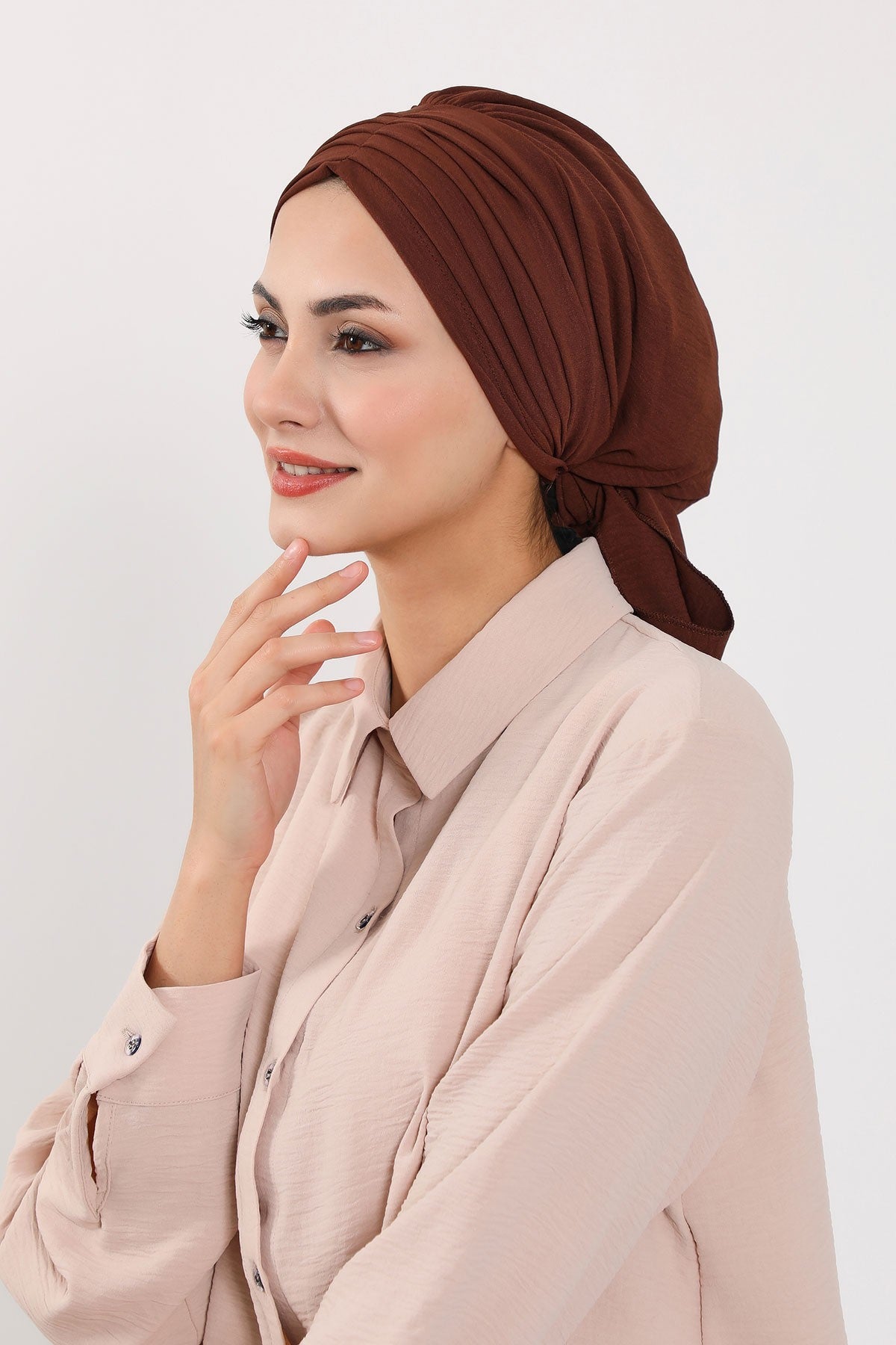 Pleated Instant Turban Aerobin Scarf Head Wrap, Belted Turban Bonnet for Women, Chic Design Instant Turban Hijab Chemo Headwear,B-86A Brown