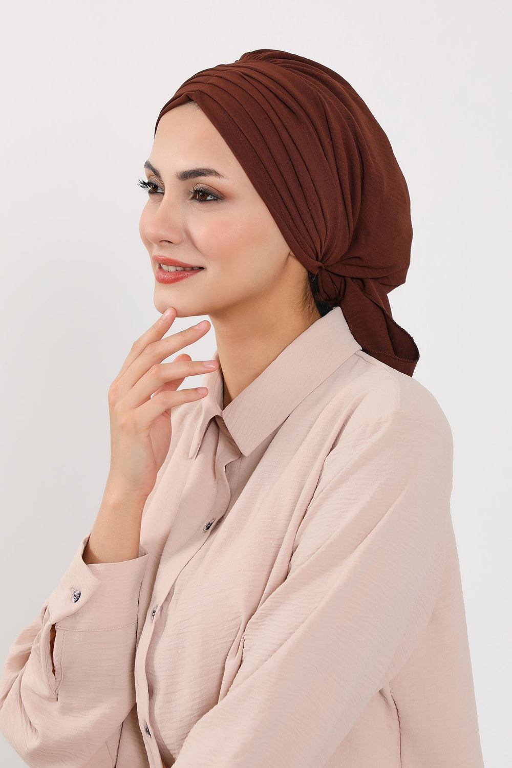 Pleated Instant Turban Aerobin Scarf Head Wrap, Belted Turban Bonnet for Women, Chic Design Instant Turban Hijab Chemo Headwear,B-86A Brown