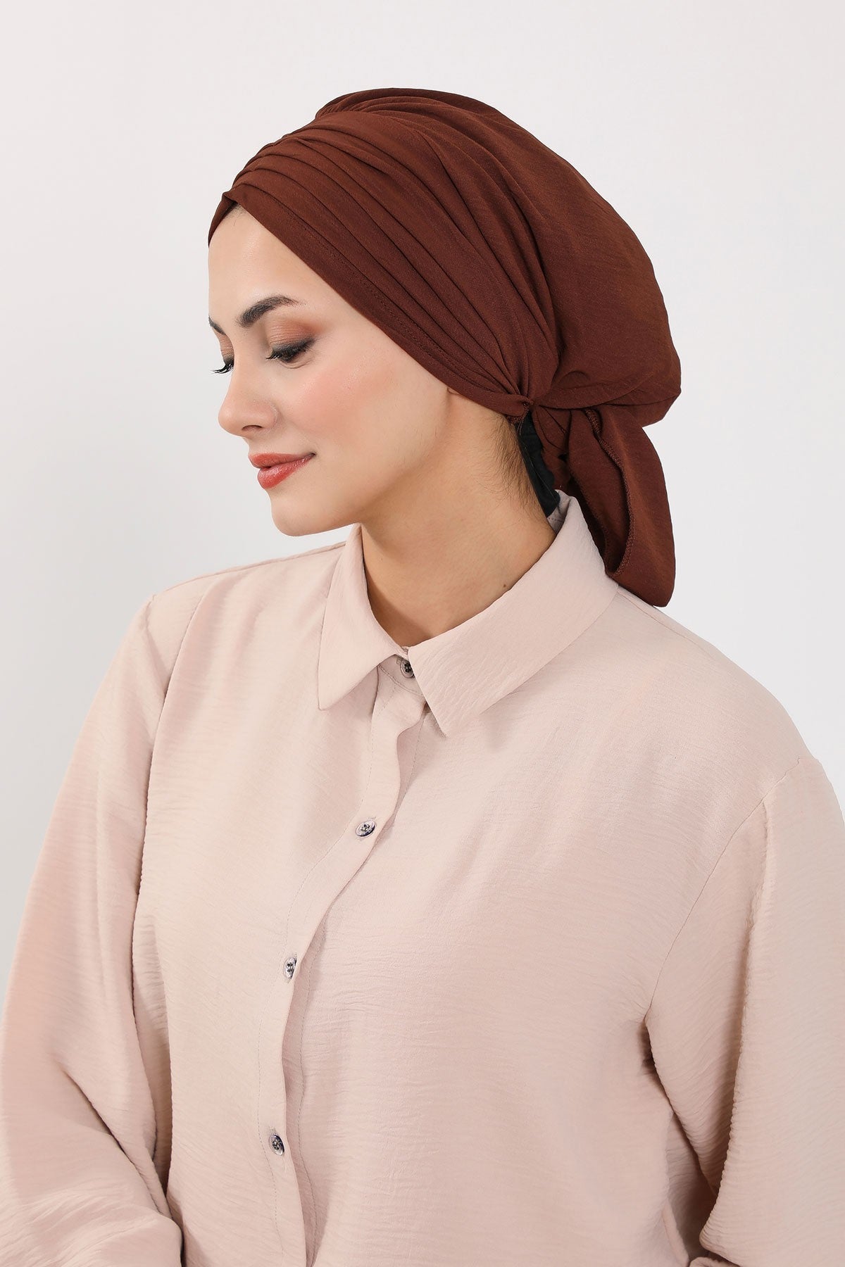 Pleated Instant Turban Aerobin Scarf Head Wrap, Belted Turban Bonnet for Women, Chic Design Instant Turban Hijab Chemo Headwear,B-86A Brown