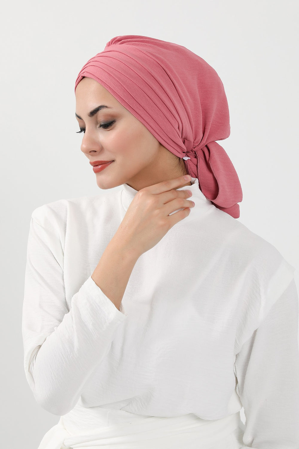 Pleated Instant Turban Aerobin Scarf Head Wrap, Belted Turban Bonnet for Women, Chic Design Instant Turban Hijab Chemo Headwear,B-86A Dark Pink