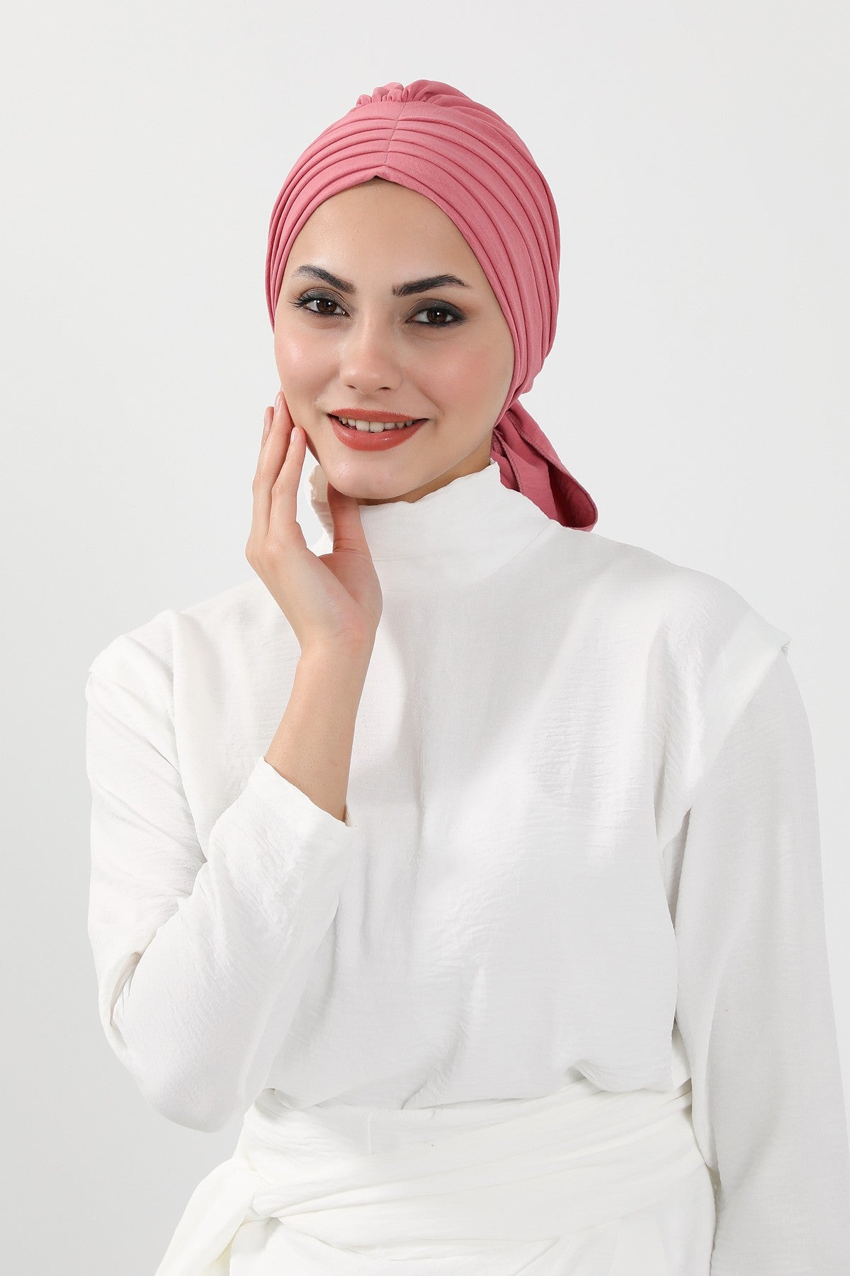Pleated Instant Turban Aerobin Scarf Head Wrap, Belted Turban Bonnet for Women, Chic Design Instant Turban Hijab Chemo Headwear,B-86A Dark Pink