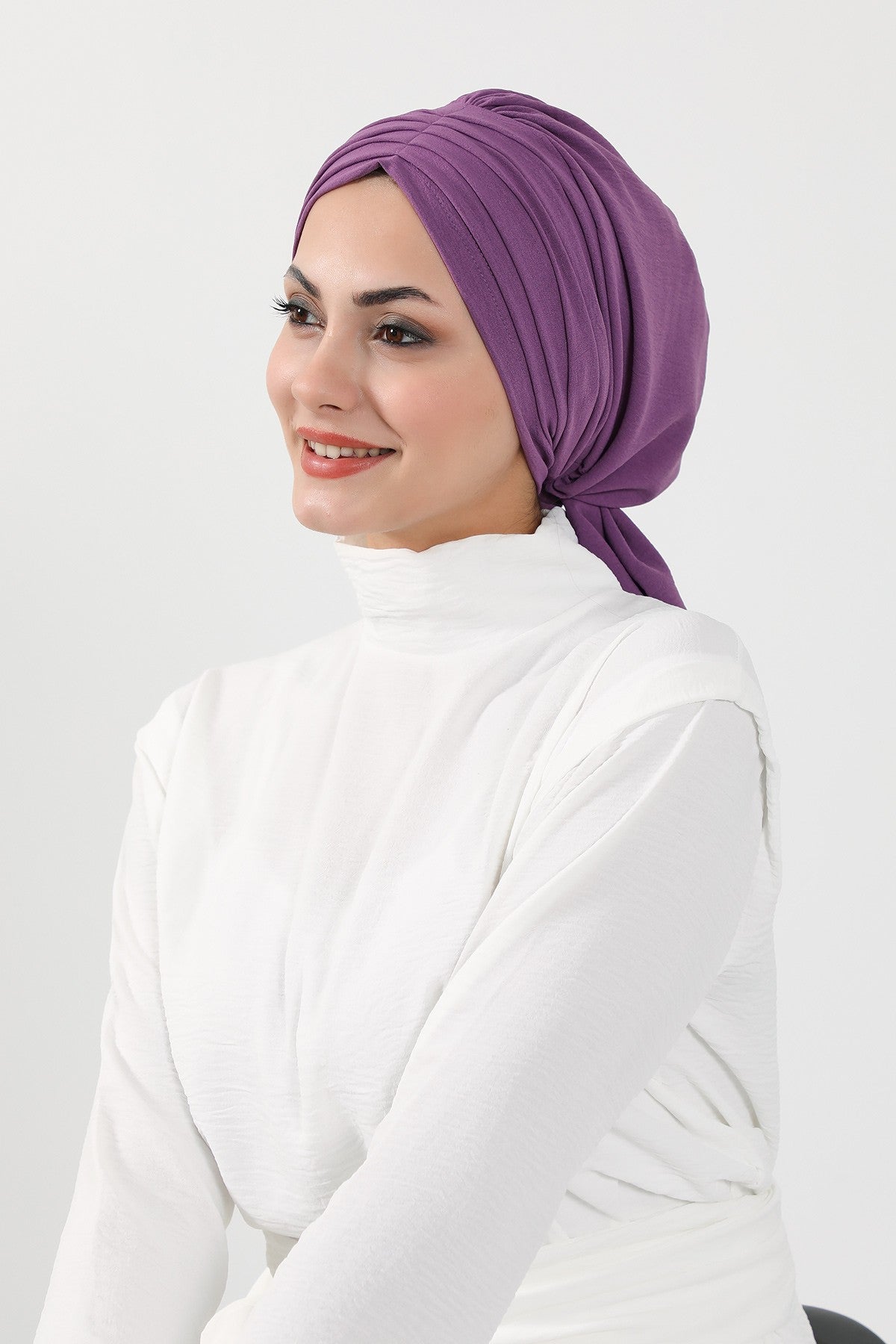 Pleated Instant Turban Aerobin Scarf Head Wrap, Belted Turban Bonnet for Women, Chic Design Instant Turban Hijab Chemo Headwear,B-86A Purple 2