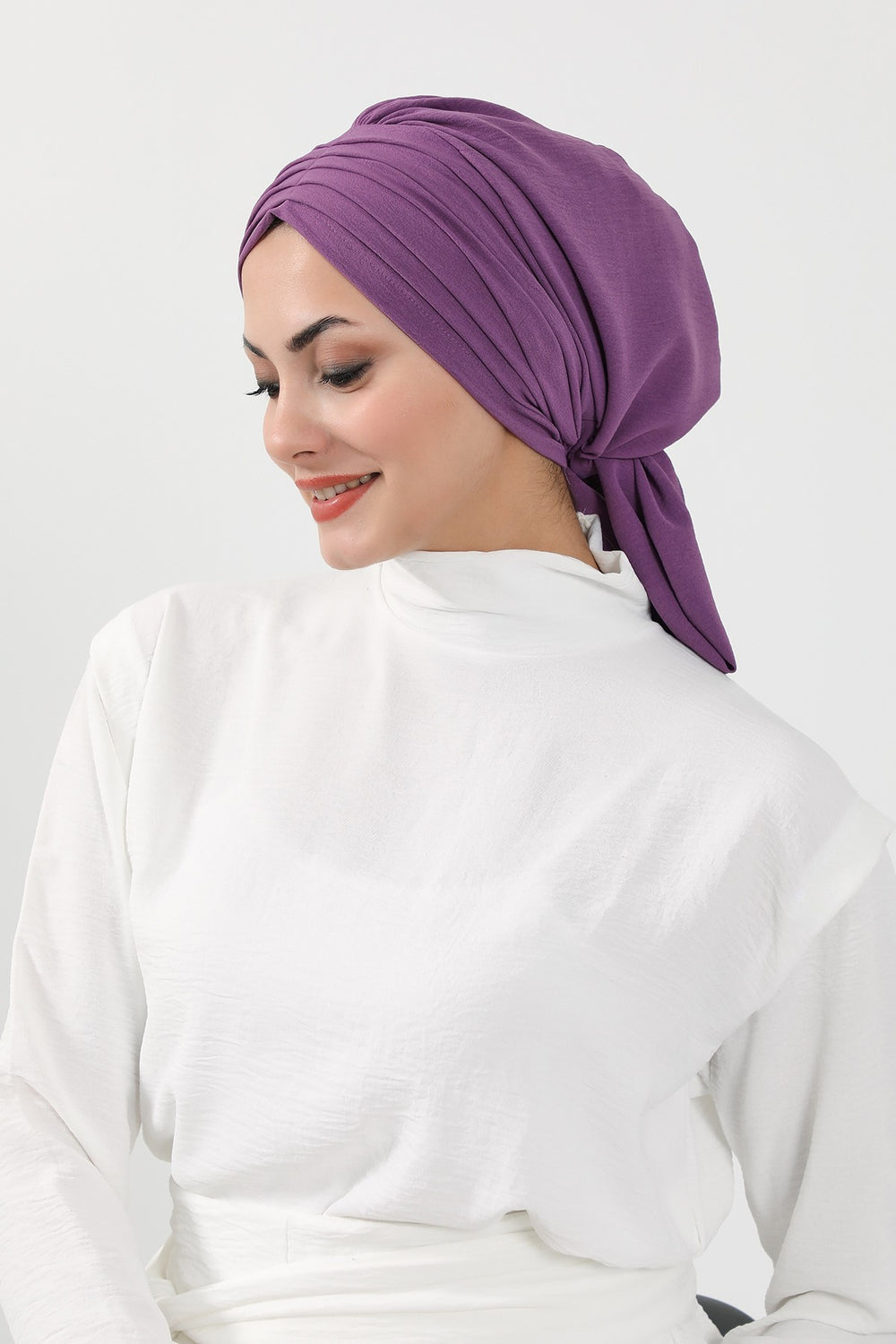 Pleated Instant Turban Aerobin Scarf Head Wrap, Belted Turban Bonnet for Women, Chic Design Instant Turban Hijab Chemo Headwear,B-86A Purple 2