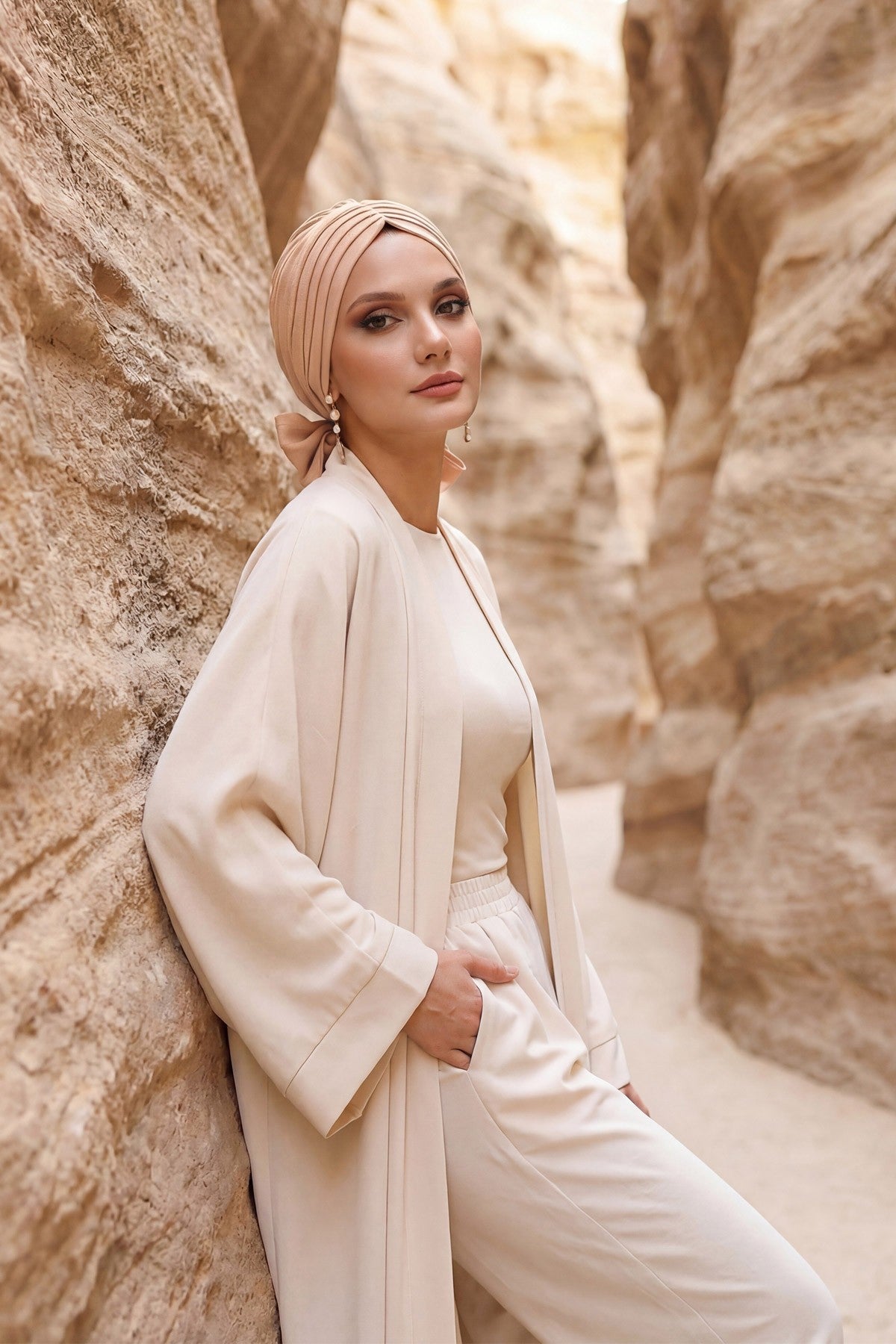 Pleated Instant Turban Aerobin Scarf Head Wrap, Belted Turban Bonnet for Women, Chic Design Instant Turban Hijab Chemo Headwear,B-86A Stone