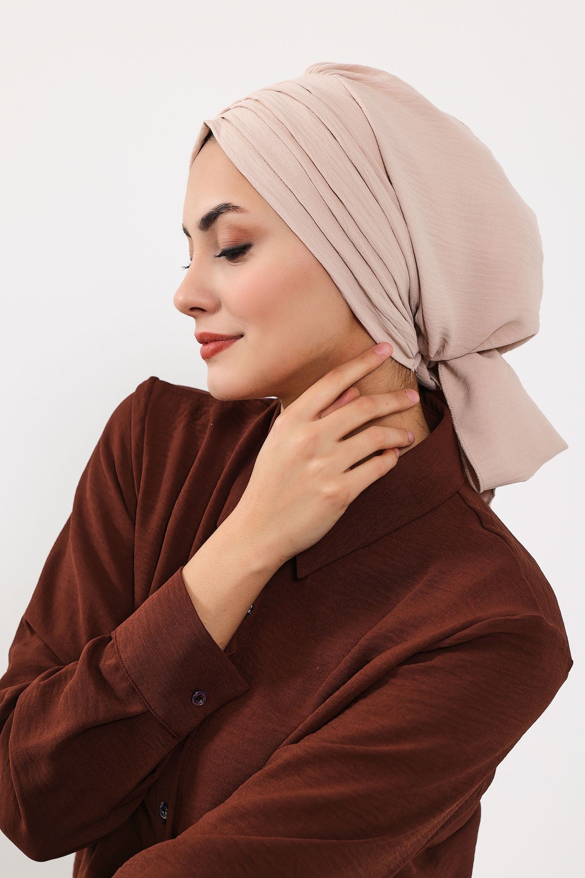 Pleated Instant Turban Aerobin Scarf Head Wrap, Belted Turban Bonnet for Women, Chic Design Instant Turban Hijab Chemo Headwear,B-86A Stone