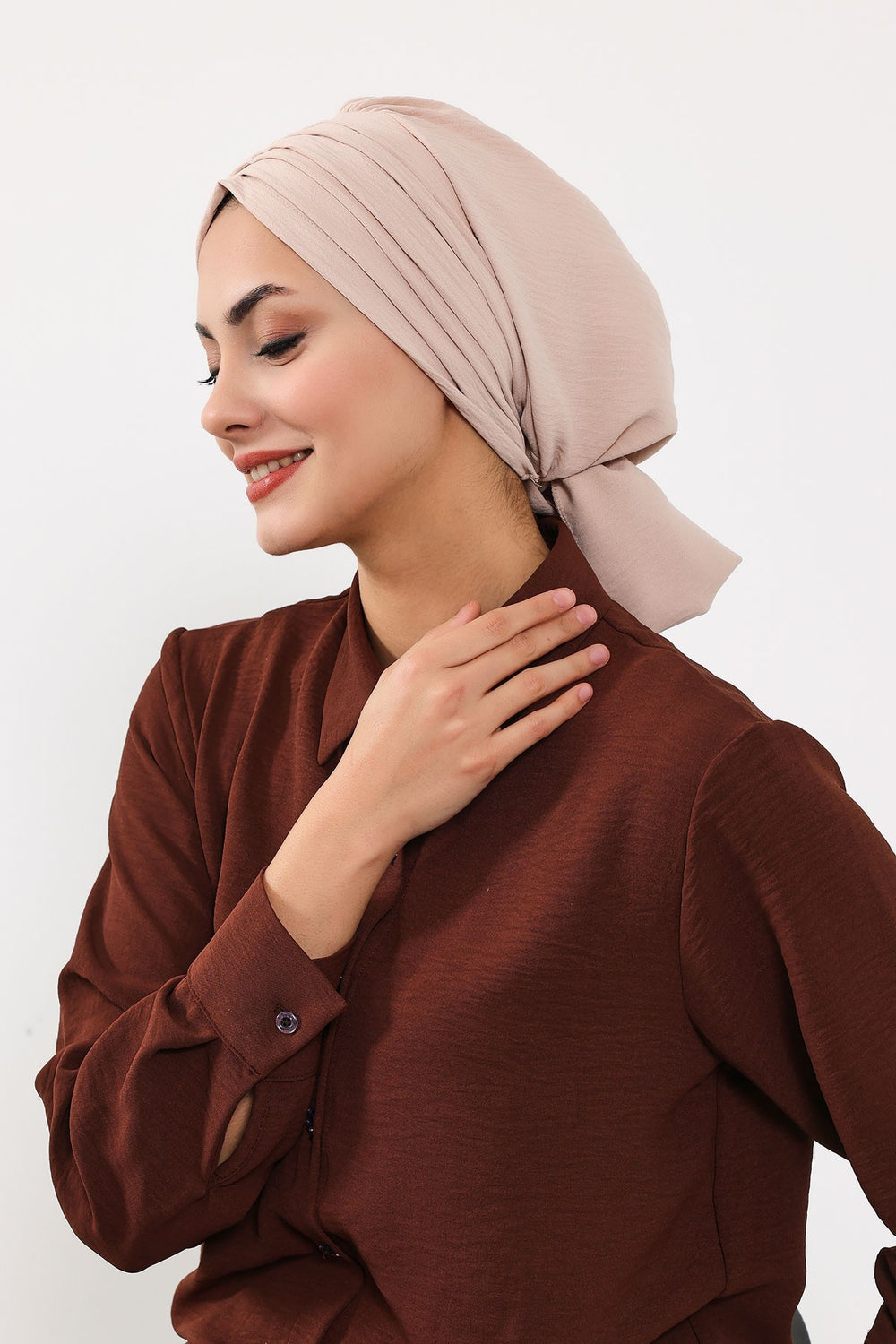 Pleated Instant Turban Aerobin Scarf Head Wrap, Belted Turban Bonnet for Women, Chic Design Instant Turban Hijab Chemo Headwear,B-86A Stone