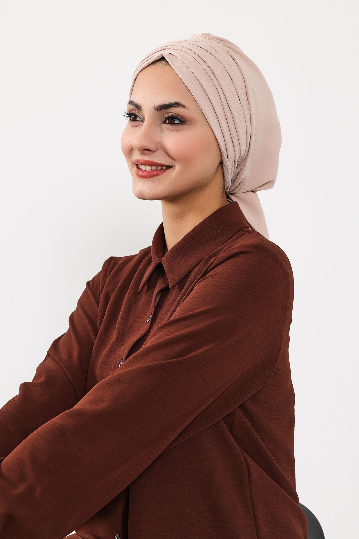 Pleated Instant Turban Aerobin Scarf Head Wrap, Belted Turban Bonnet for Women, Chic Design Instant Turban Hijab Chemo Headwear,B-86A Stone
