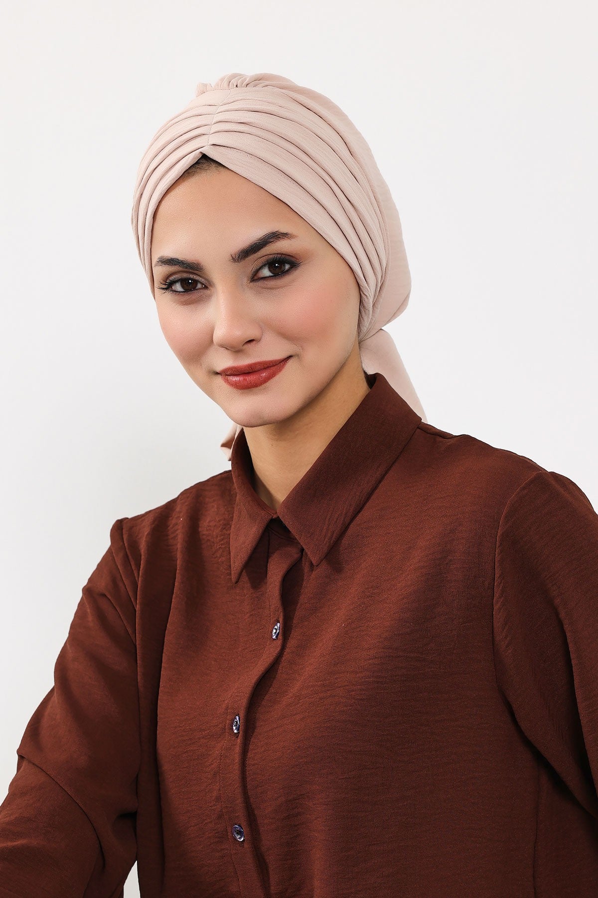 Pleated Instant Turban Aerobin Scarf Head Wrap, Belted Turban Bonnet for Women, Chic Design Instant Turban Hijab Chemo Headwear,B-86A Stone