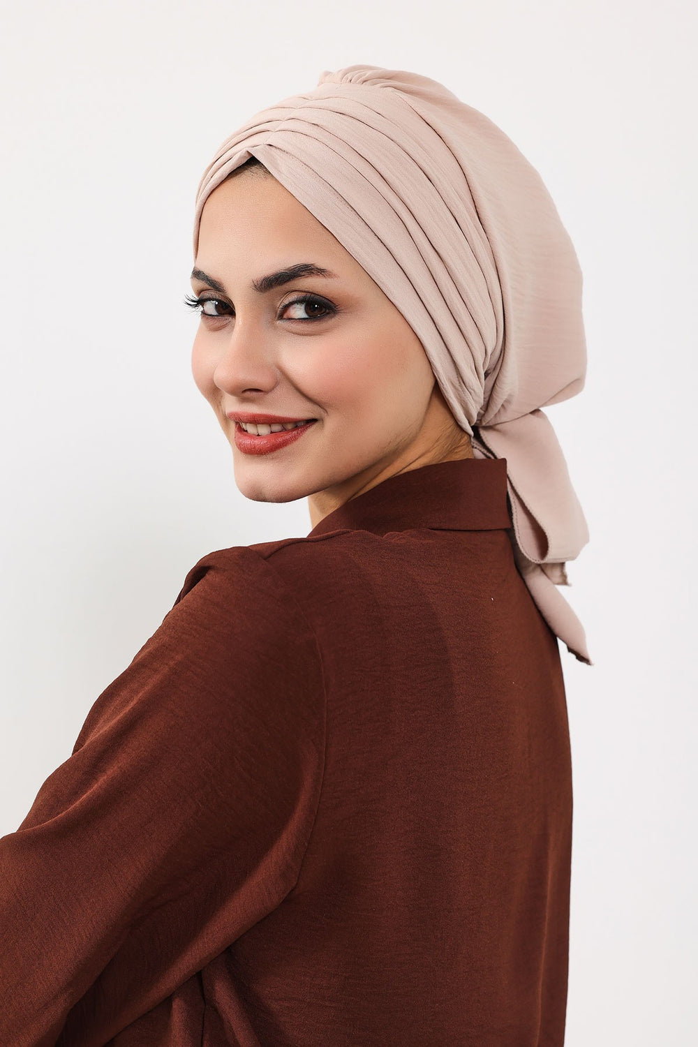Pleated Instant Turban Aerobin Scarf Head Wrap, Belted Turban Bonnet for Women, Chic Design Instant Turban Hijab Chemo Headwear,B-86A Stone