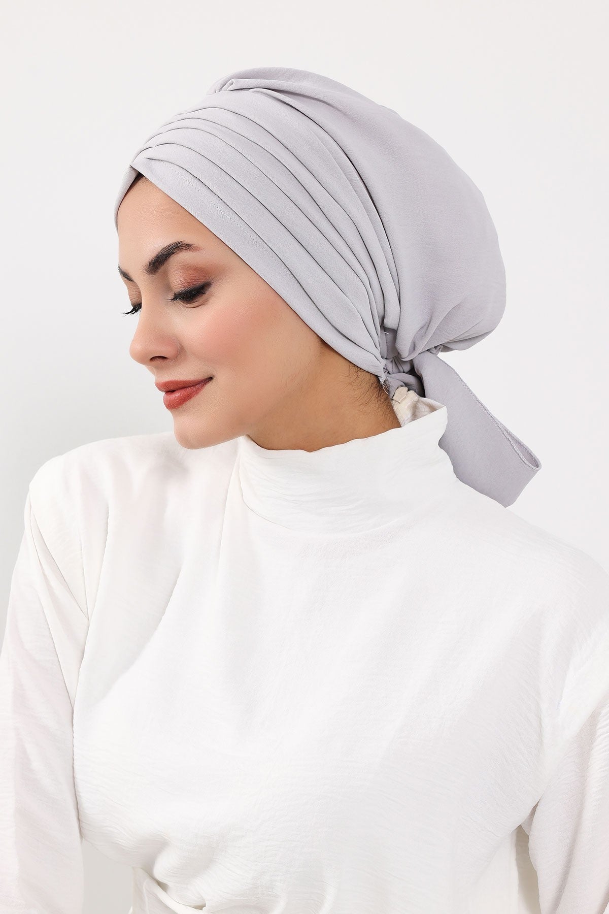 Pleated Instant Turban Aerobin Scarf Head Wrap, Belted Turban Bonnet for Women, Chic Design Instant Turban Hijab Chemo Headwear,B-86A Light Grey