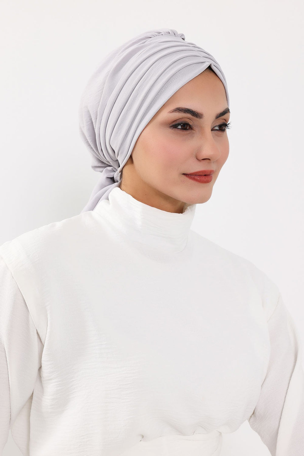 Pleated Instant Turban Aerobin Scarf Head Wrap, Belted Turban Bonnet for Women, Chic Design Instant Turban Hijab Chemo Headwear,B-86A Light Grey