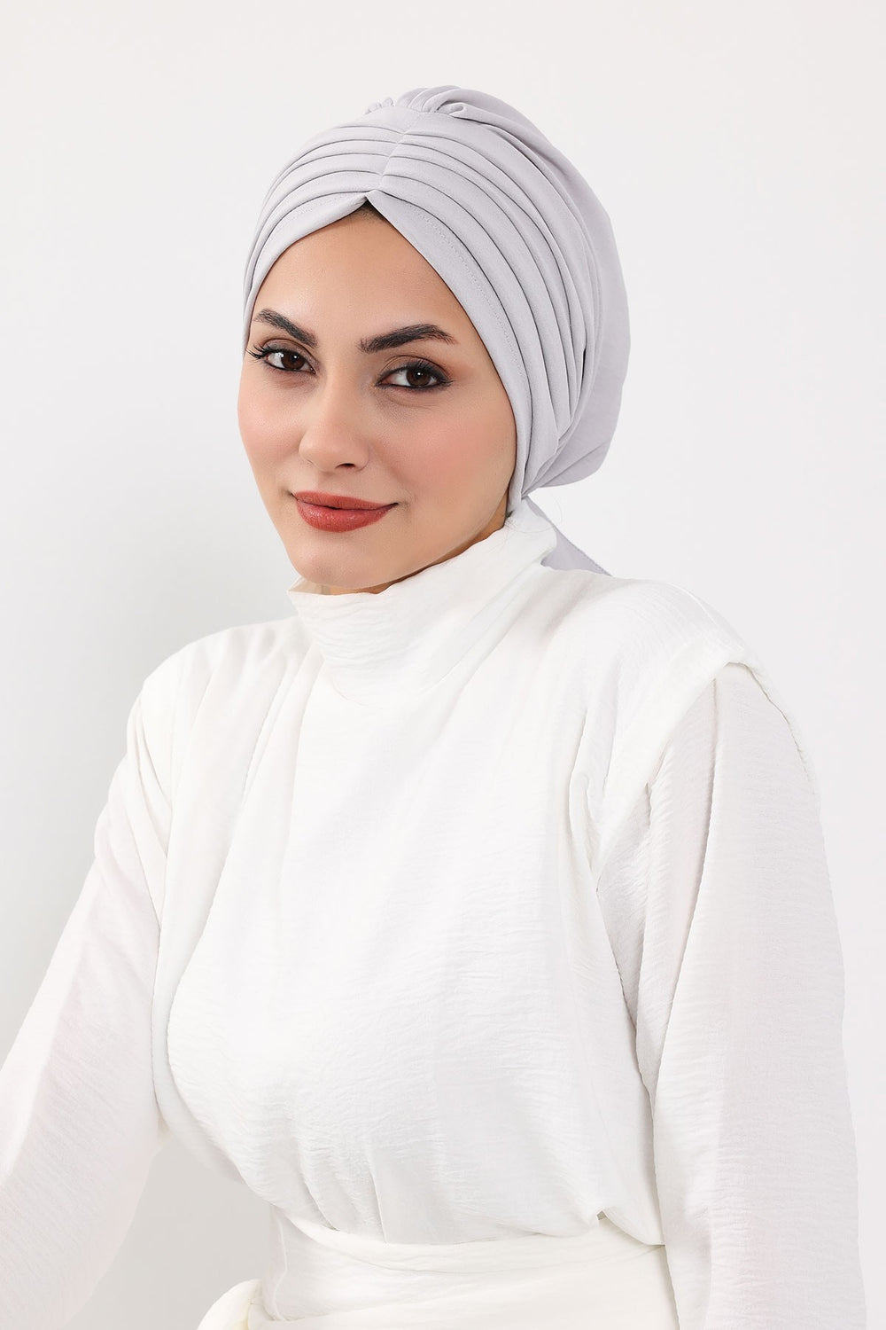 Pleated Instant Turban Aerobin Scarf Head Wrap, Belted Turban Bonnet for Women, Chic Design Instant Turban Hijab Chemo Headwear,B-86A Light Grey