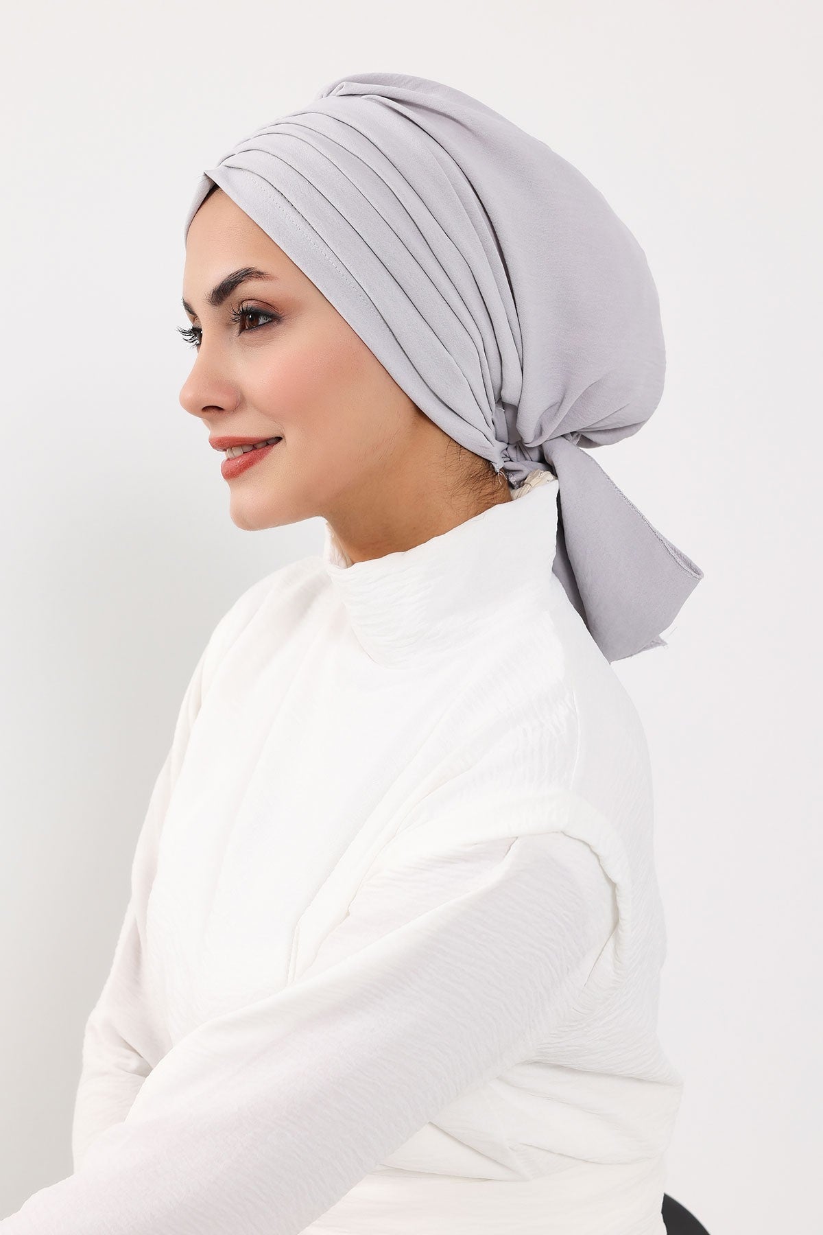 Pleated Instant Turban Aerobin Scarf Head Wrap, Belted Turban Bonnet for Women, Chic Design Instant Turban Hijab Chemo Headwear,B-86A Light Grey