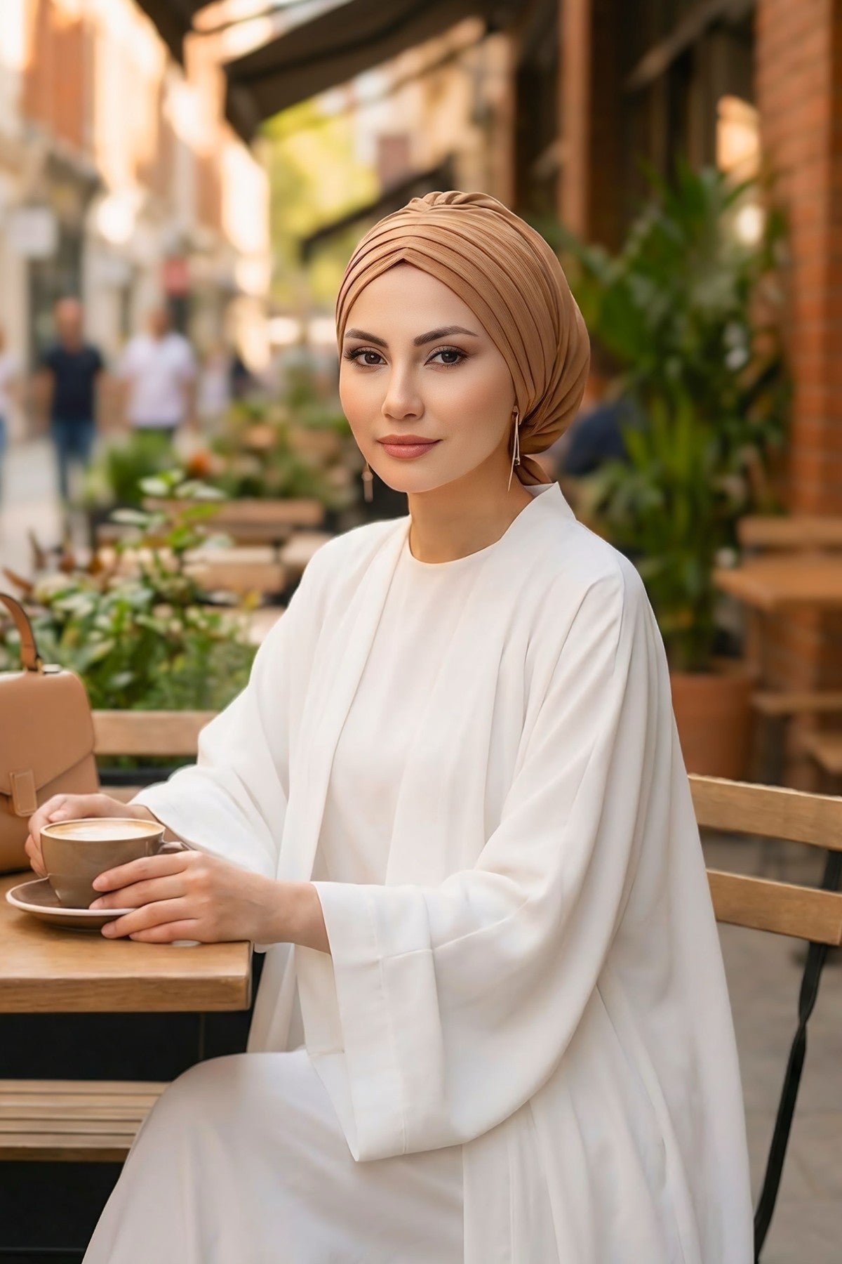 Pleated Instant Turban Aerobin Scarf Head Wrap, Belted Turban Bonnet for Women, Chic Design Instant Turban Hijab Chemo Headwear,B-86A Camel