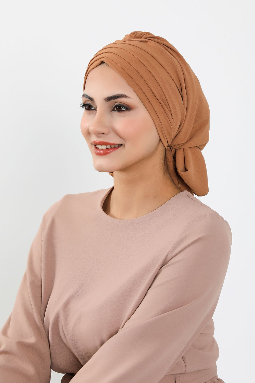 Pleated Instant Turban Aerobin Scarf Head Wrap, Belted Turban Bonnet for Women, Chic Design Instant Turban Hijab Chemo Headwear,B-86A Camel