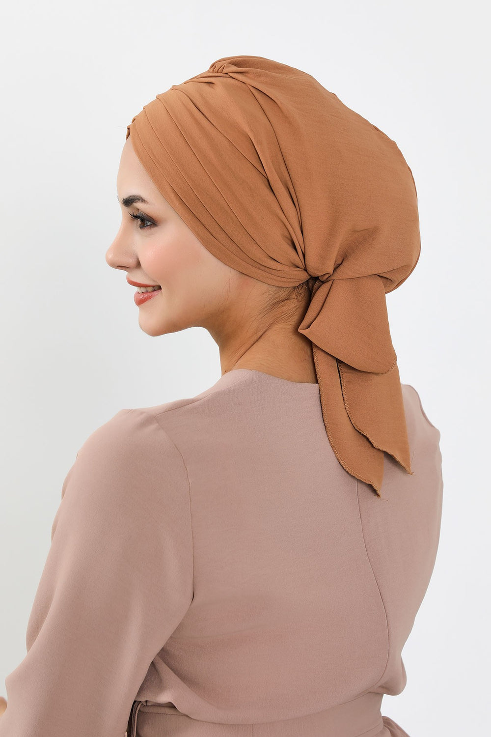Pleated Instant Turban Aerobin Scarf Head Wrap, Belted Turban Bonnet for Women, Chic Design Instant Turban Hijab Chemo Headwear,B-86A Camel