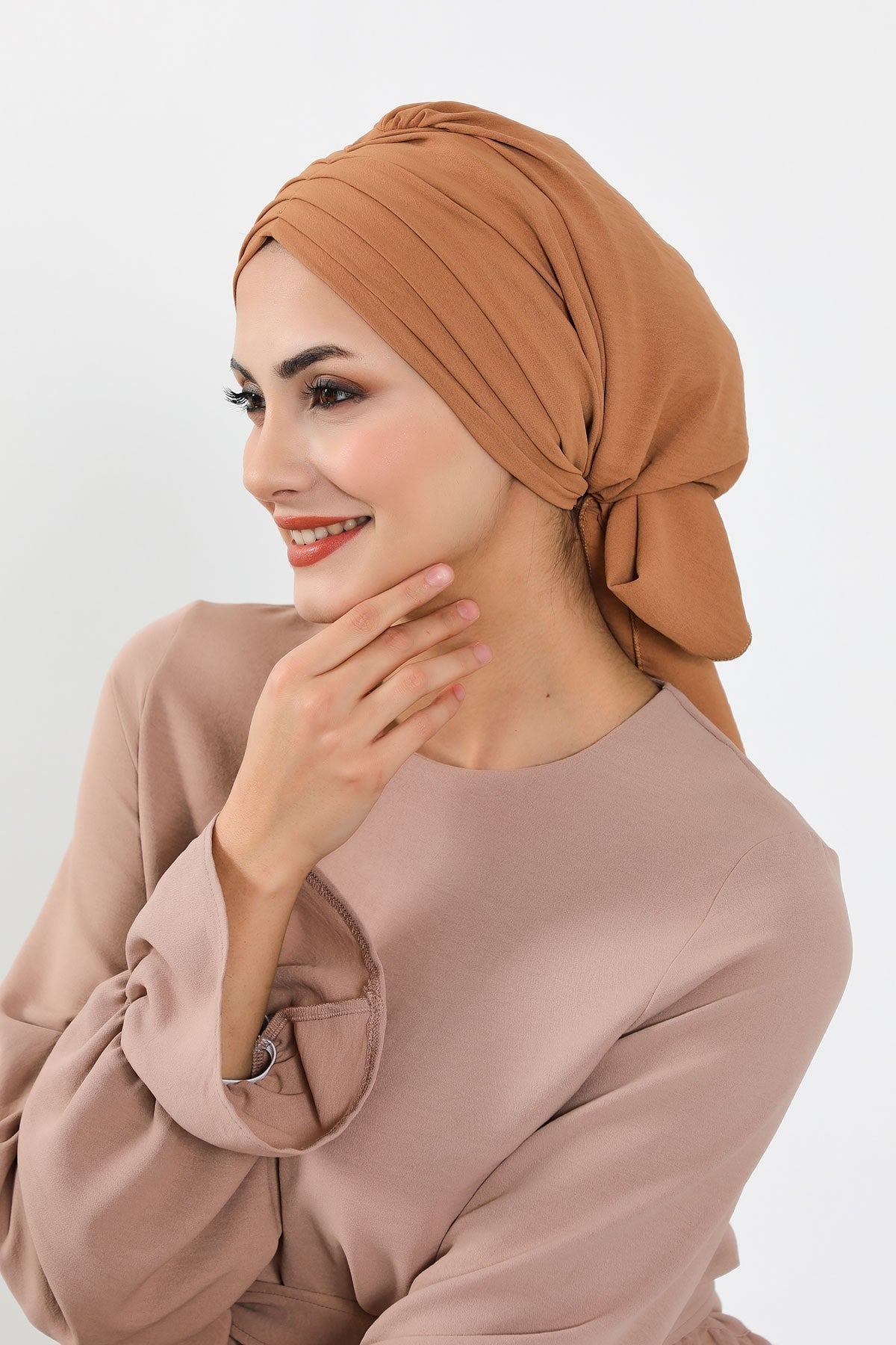 Pleated Instant Turban Aerobin Scarf Head Wrap, Belted Turban Bonnet for Women, Chic Design Instant Turban Hijab Chemo Headwear,B-86A Camel