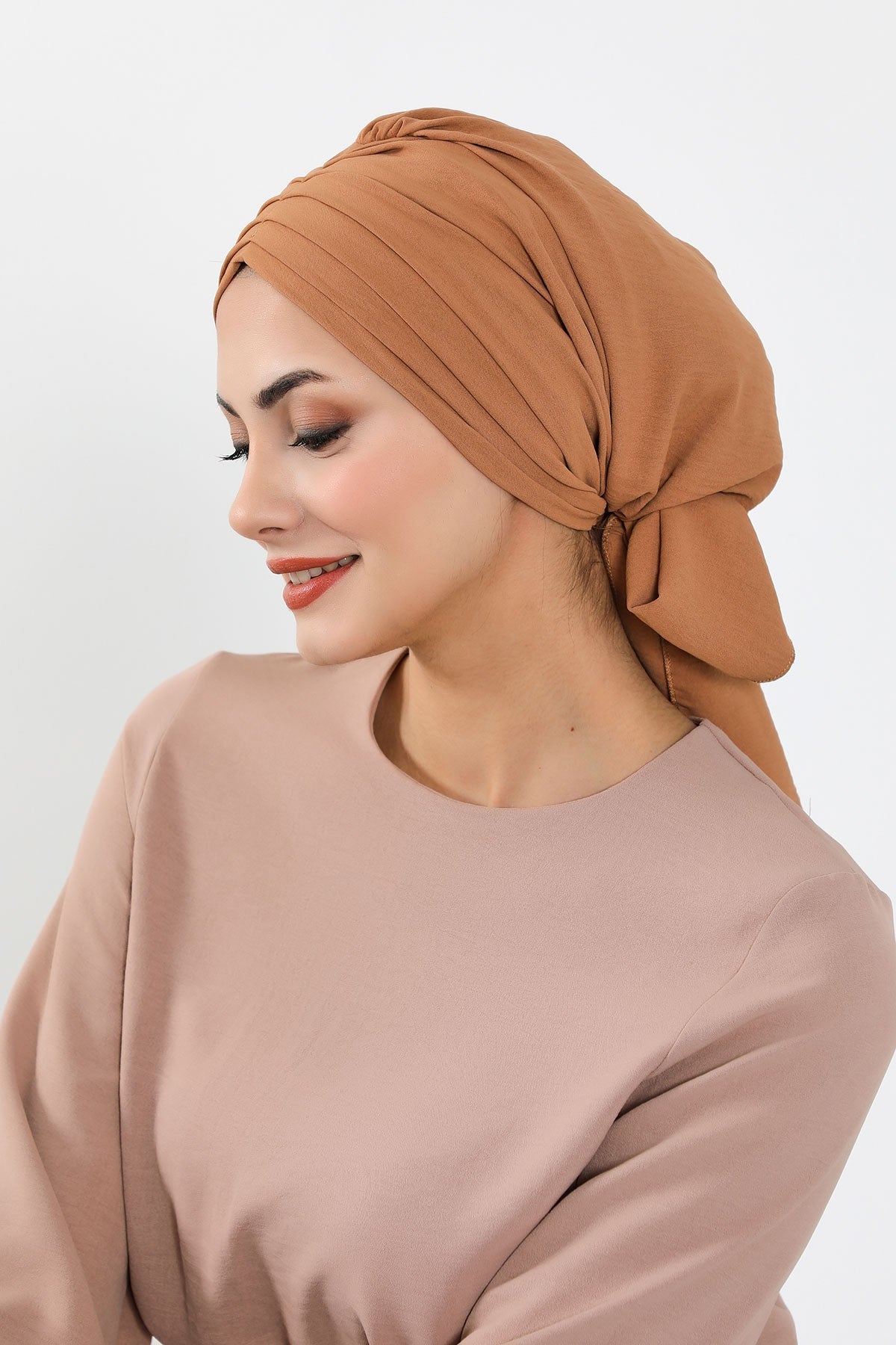 Pleated Instant Turban Aerobin Scarf Head Wrap, Belted Turban Bonnet for Women, Chic Design Instant Turban Hijab Chemo Headwear,B-86A Camel