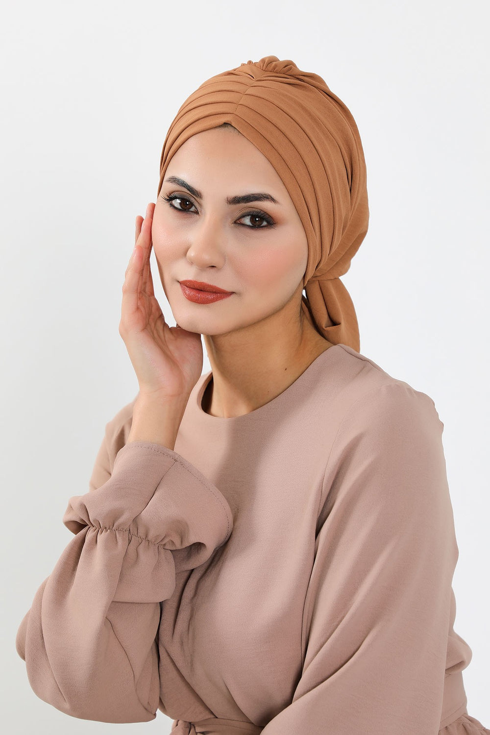 Pleated Instant Turban Aerobin Scarf Head Wrap, Belted Turban Bonnet for Women, Chic Design Instant Turban Hijab Chemo Headwear,B-86A Camel