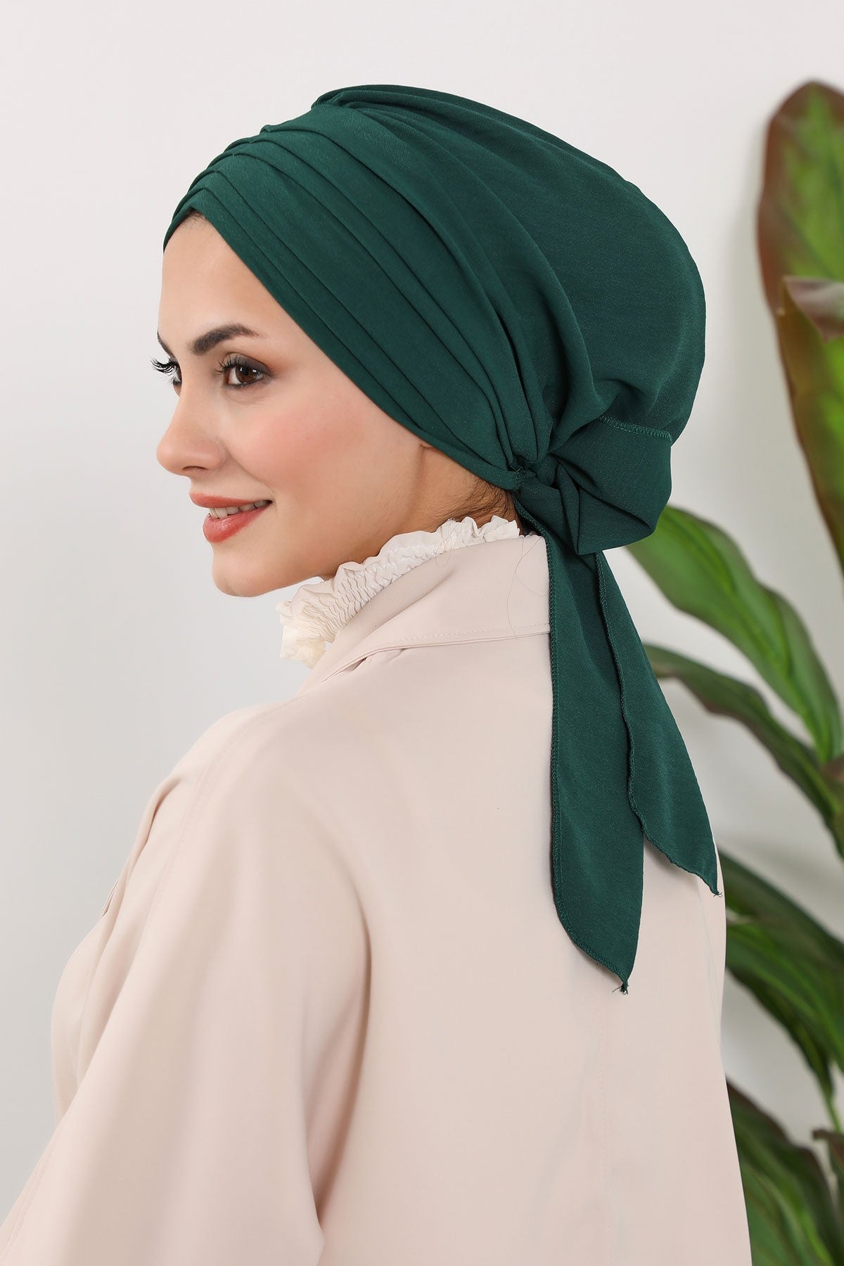 Pleated Instant Turban Aerobin Scarf Head Wrap, Belted Turban Bonnet for Women, Chic Design Instant Turban Hijab Chemo Headwear,B-86A Dark Green
