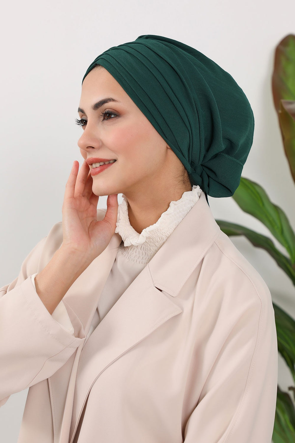 Pleated Instant Turban Aerobin Scarf Head Wrap, Belted Turban Bonnet for Women, Chic Design Instant Turban Hijab Chemo Headwear,B-86A Dark Green