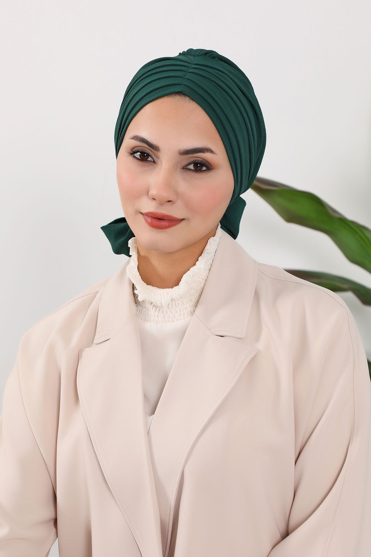 Pleated Instant Turban Aerobin Scarf Head Wrap, Belted Turban Bonnet for Women, Chic Design Instant Turban Hijab Chemo Headwear,B-86A Dark Green
