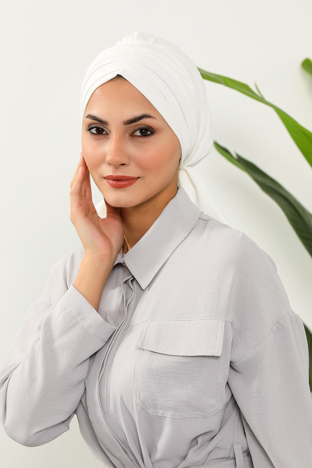 Pleated Instant Turban Aerobin Scarf Head Wrap, Belted Turban Bonnet for Women, Chic Design Instant Turban Hijab Chemo Headwear,B-86A Ecru