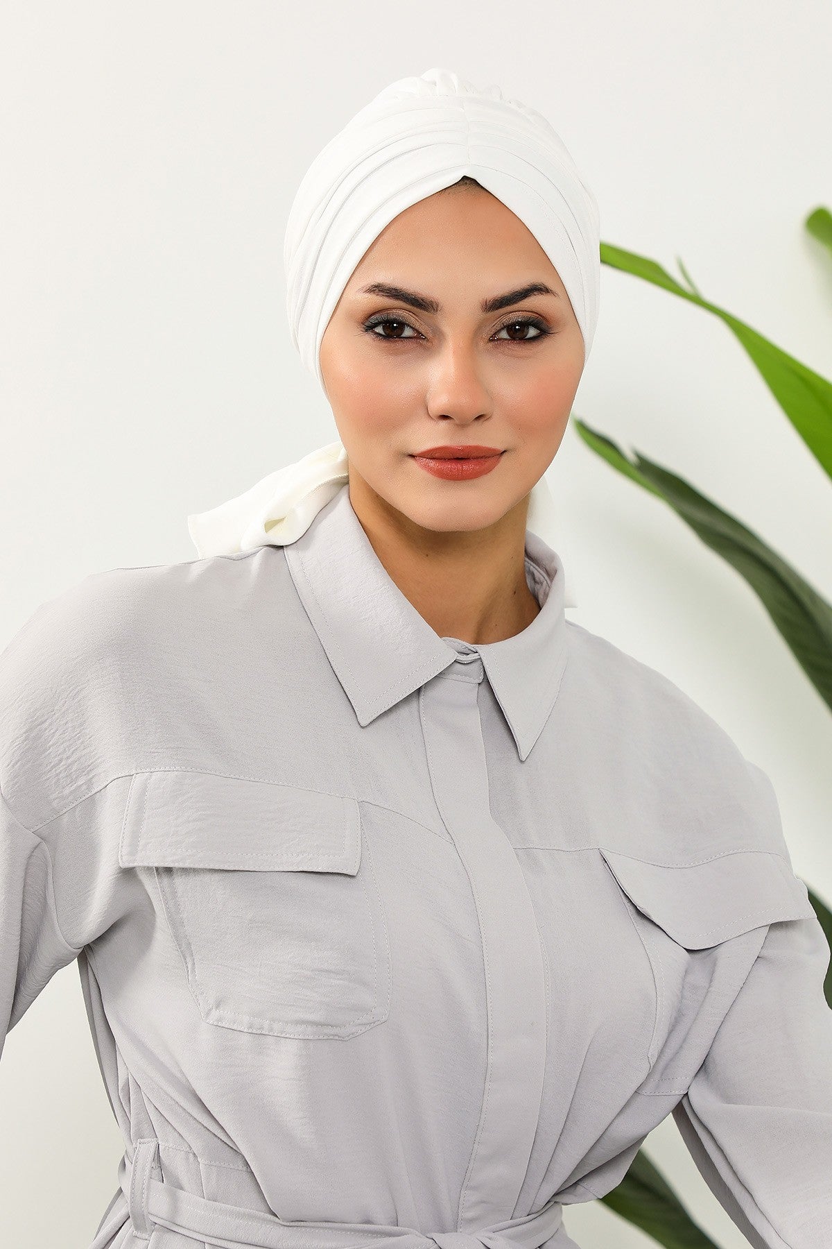 Pleated Instant Turban Aerobin Scarf Head Wrap, Belted Turban Bonnet for Women, Chic Design Instant Turban Hijab Chemo Headwear,B-86A Ecru