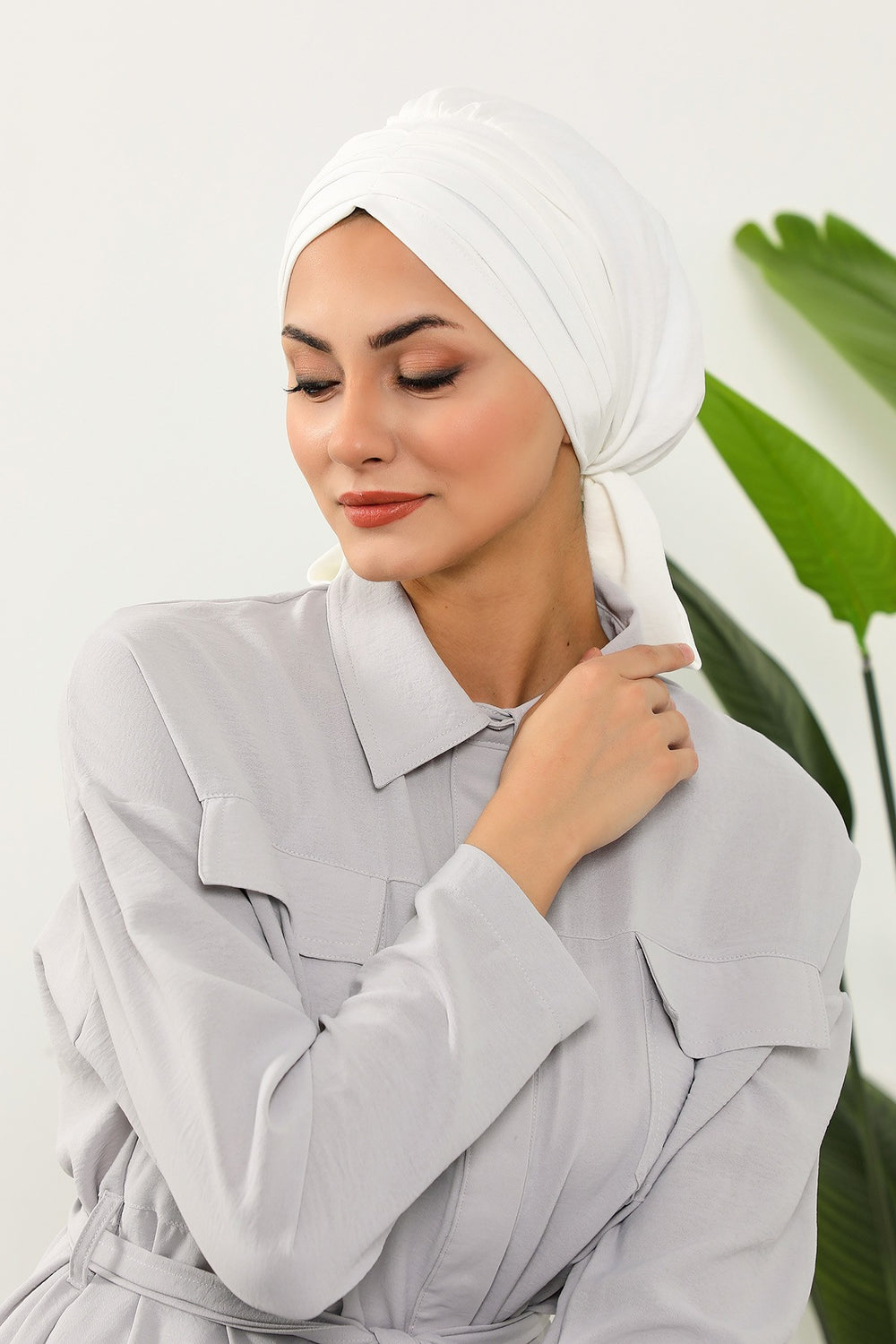 Pleated Instant Turban Aerobin Scarf Head Wrap, Belted Turban Bonnet for Women, Chic Design Instant Turban Hijab Chemo Headwear,B-86A Ecru