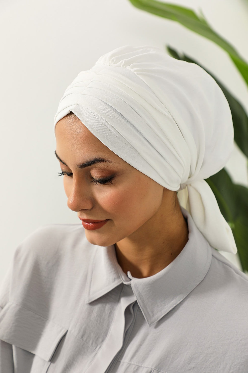 Pleated Instant Turban Aerobin Scarf Head Wrap, Belted Turban Bonnet for Women, Chic Design Instant Turban Hijab Chemo Headwear,B-86A Ecru