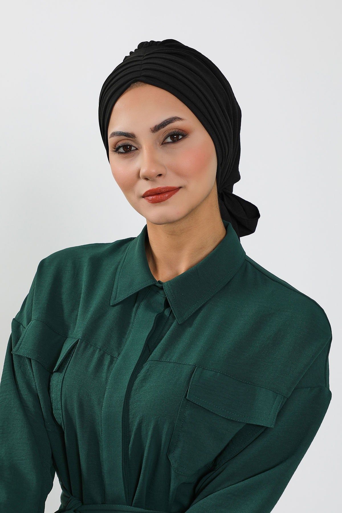 Pleated Instant Turban Aerobin Scarf Head Wrap, Belted Turban Bonnet for Women, Chic Design Instant Turban Hijab Chemo Headwear,B-86A Black