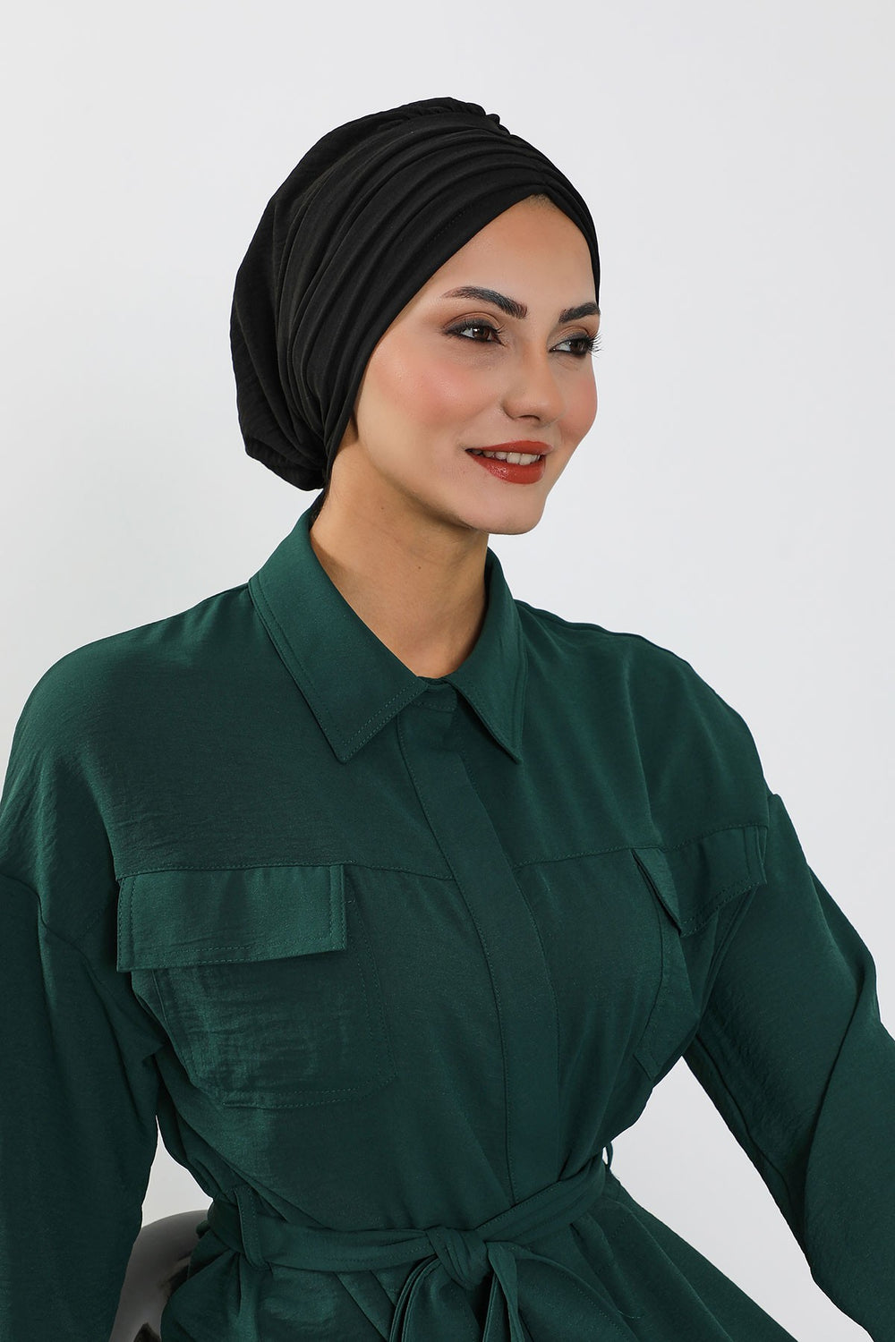 Pleated Instant Turban Aerobin Scarf Head Wrap, Belted Turban Bonnet for Women, Chic Design Instant Turban Hijab Chemo Headwear,B-86A Black