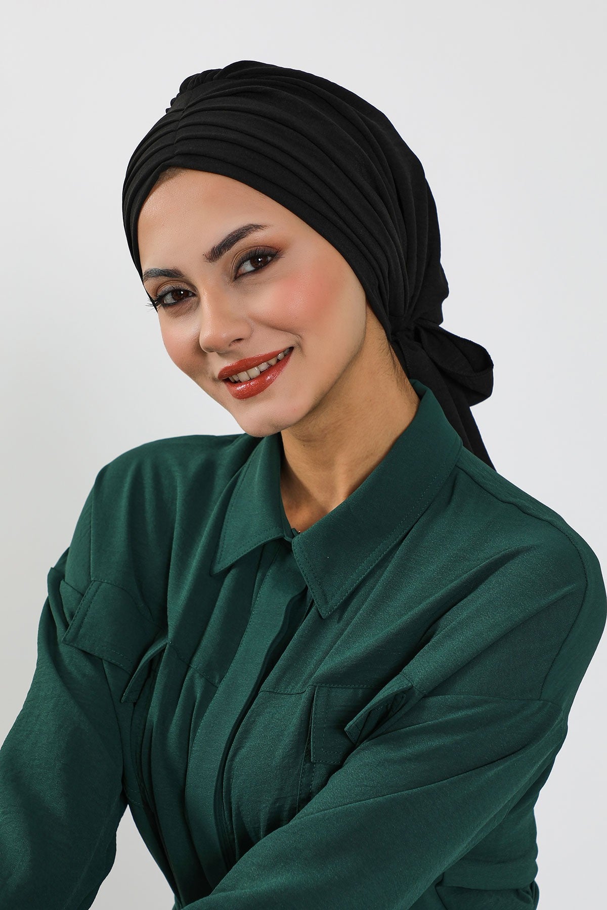 Pleated Instant Turban Aerobin Scarf Head Wrap, Belted Turban Bonnet for Women, Chic Design Instant Turban Hijab Chemo Headwear,B-86A Black