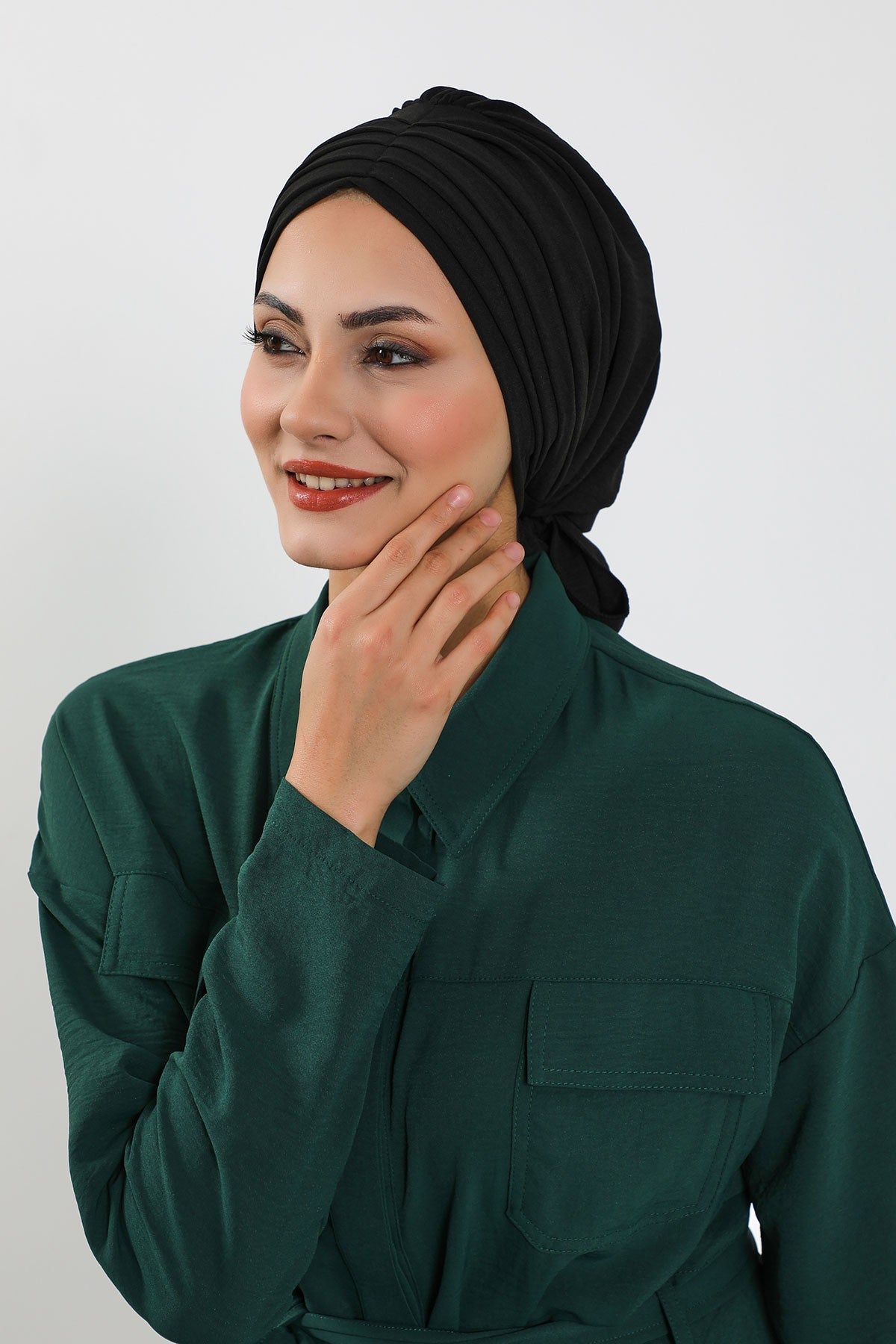 Pleated Instant Turban Aerobin Scarf Head Wrap, Belted Turban Bonnet for Women, Chic Design Instant Turban Hijab Chemo Headwear,B-86A Black