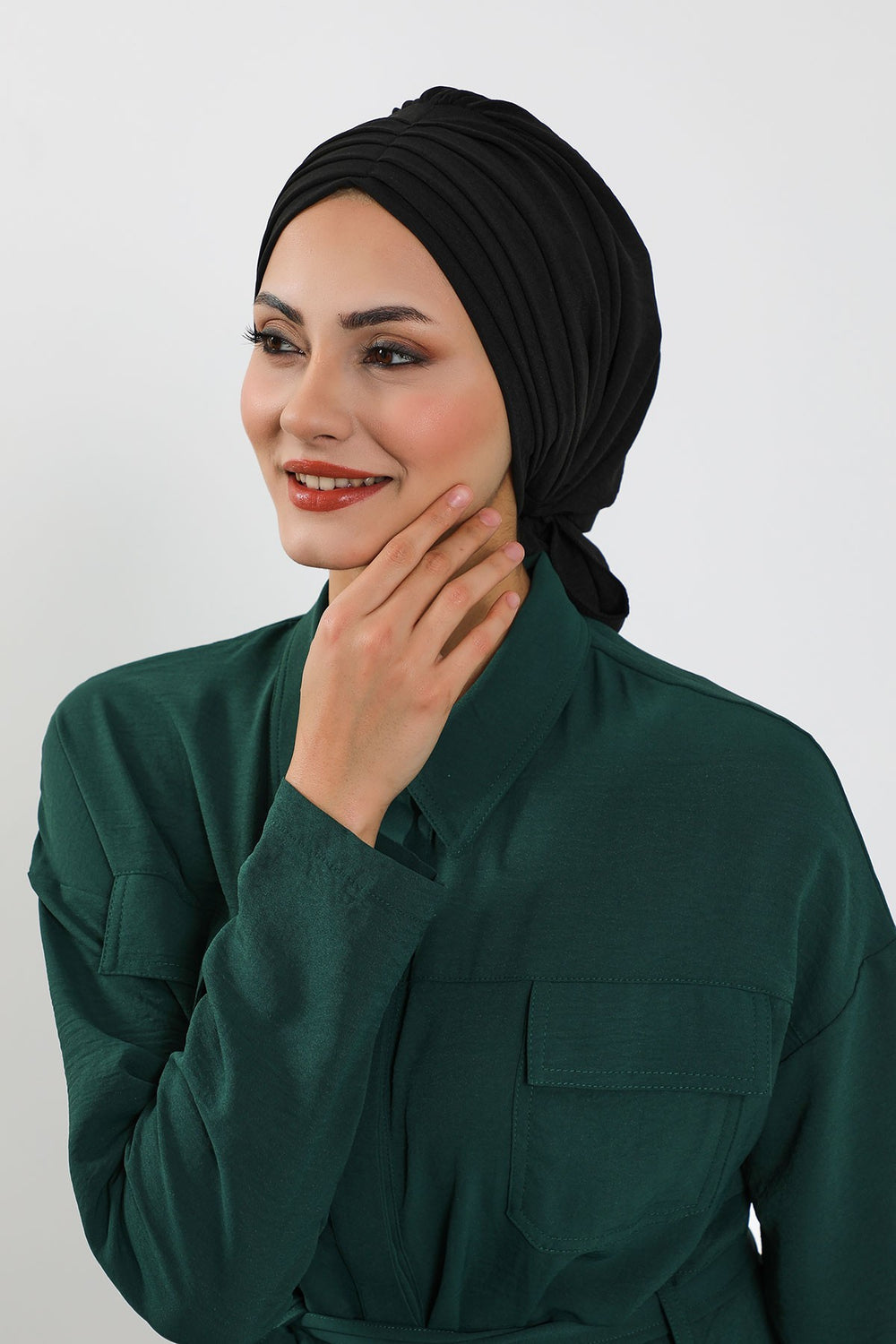 Pleated Instant Turban Aerobin Scarf Head Wrap, Belted Turban Bonnet for Women, Chic Design Instant Turban Hijab Chemo Headwear,B-86A Black