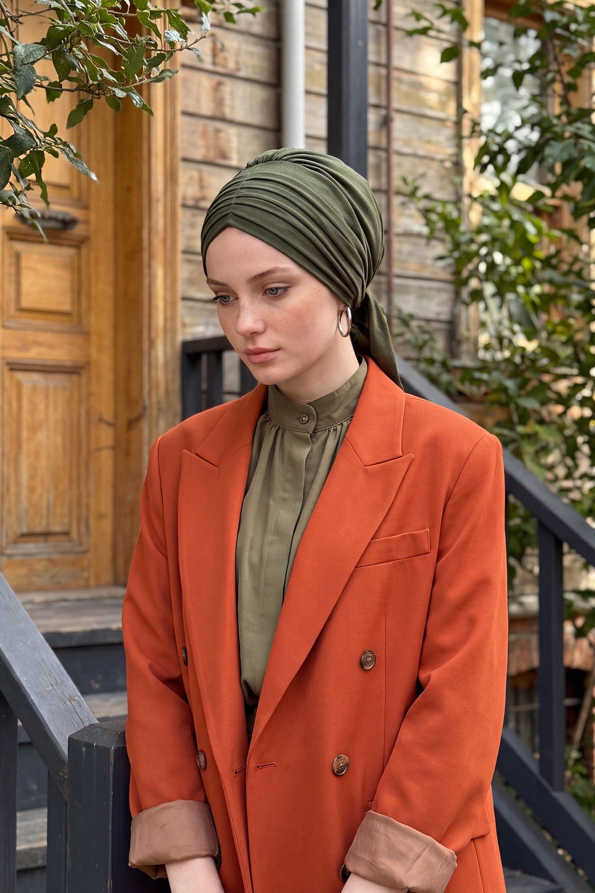 Pleated Instant Turban Aerobin Scarf Head Wrap, Belted Turban Bonnet for Women, Chic Design Instant Turban Hijab Chemo Headwear,B-86A Army Green