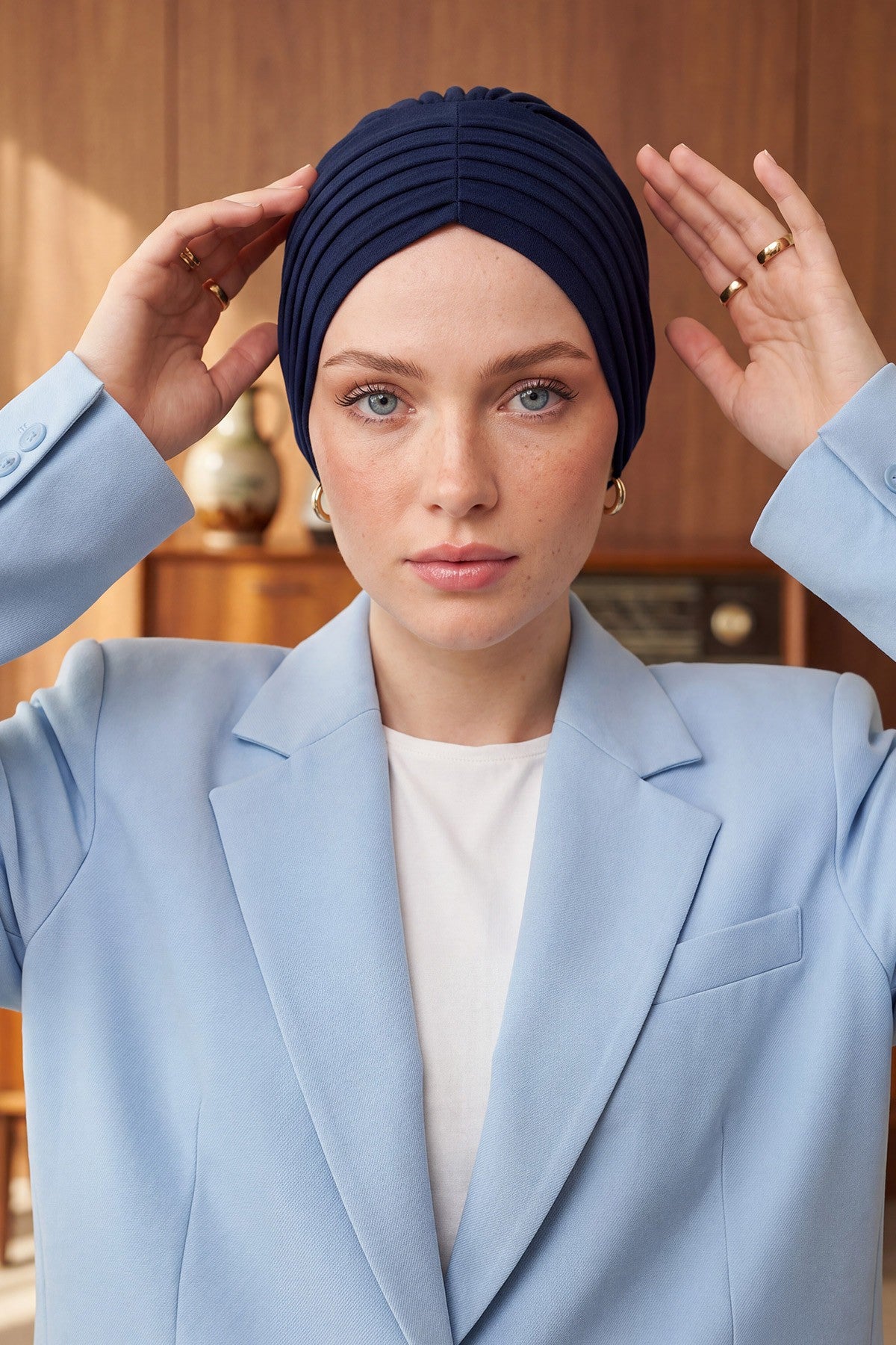 Pleated Instant Turban Aerobin Scarf Head Wrap, Belted Turban Bonnet for Women, Chic Design Instant Turban Hijab Chemo Headwear,B-86A Navy Blue