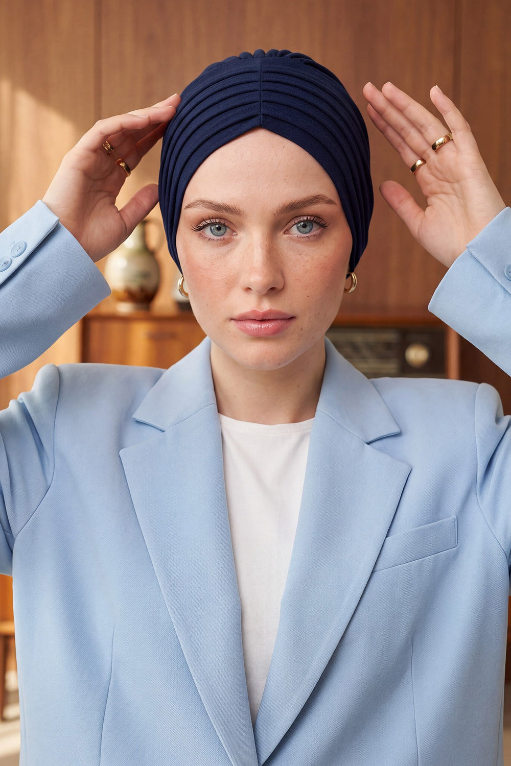 Pleated Instant Turban Aerobin Scarf Head Wrap, Belted Turban Bonnet for Women, Chic Design Instant Turban Hijab Chemo Headwear,B-86A Navy Blue