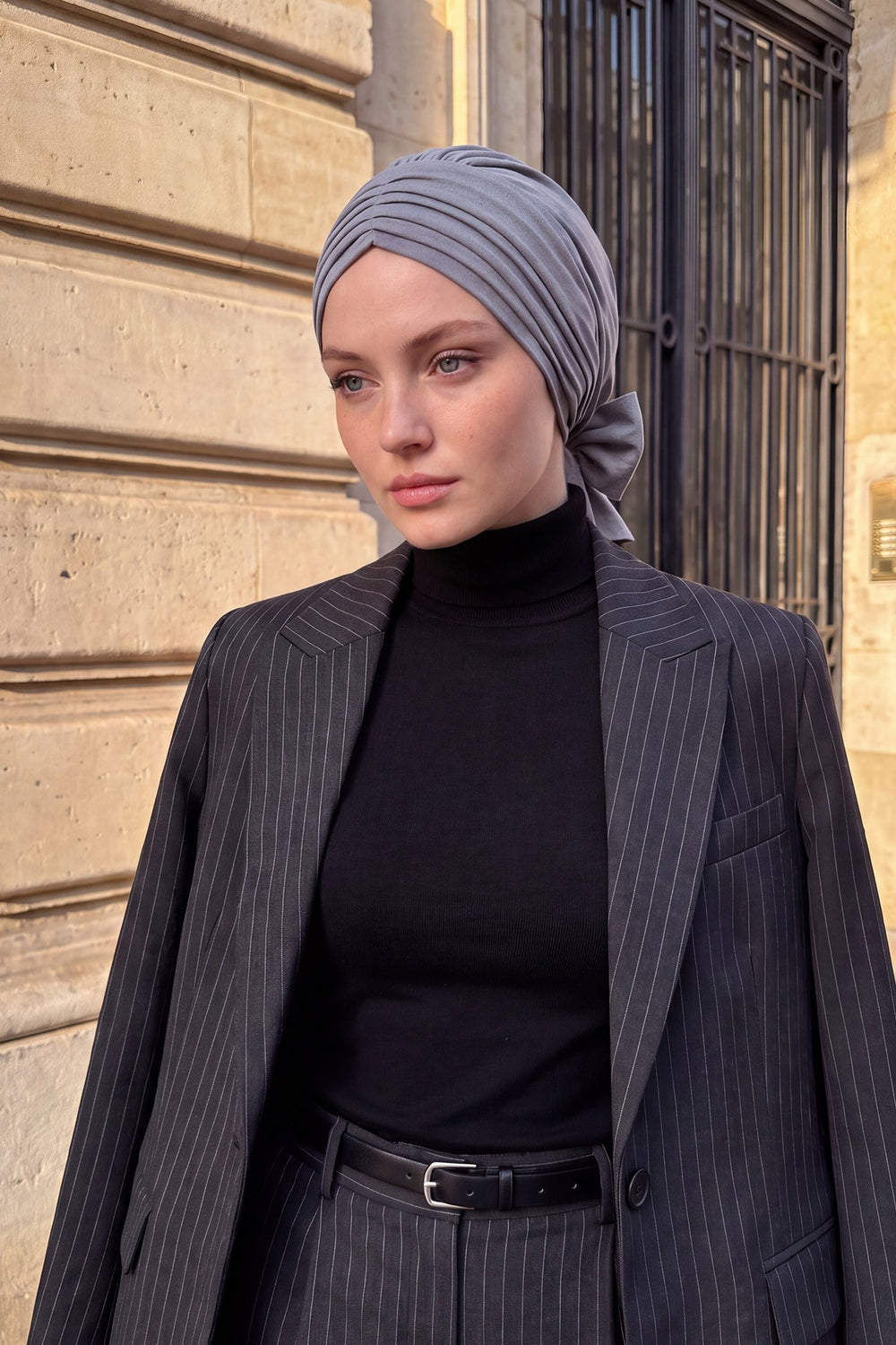 Pleated Instant Turban Aerobin Scarf Head Wrap, Belted Turban Bonnet for Women, Chic Design Instant Turban Hijab Chemo Headwear,B-86A Grey