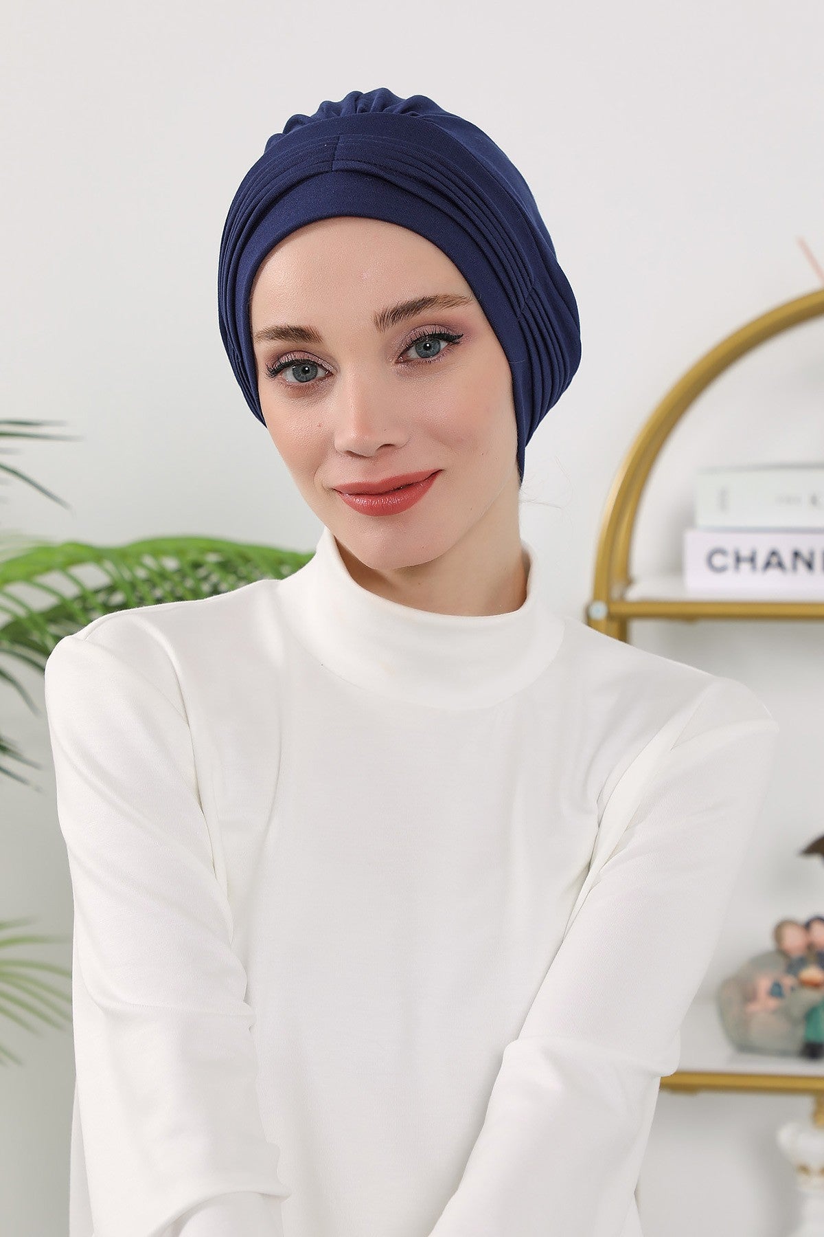 Pleated Instant Turban Hijab for Women, Soft Double Face Fabric Ready to Wear Modest Head Cover,B-19O Navy Blue