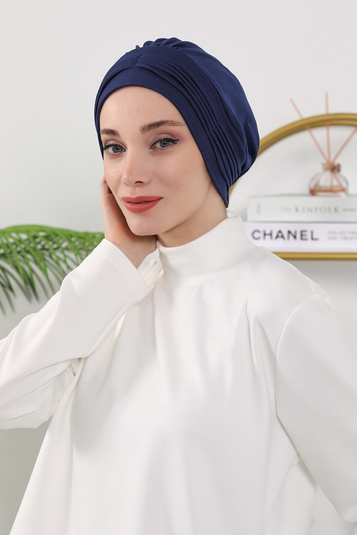 Pleated Instant Turban Hijab for Women, Soft Double Face Fabric Ready to Wear Modest Head Cover,B-19O Navy Blue