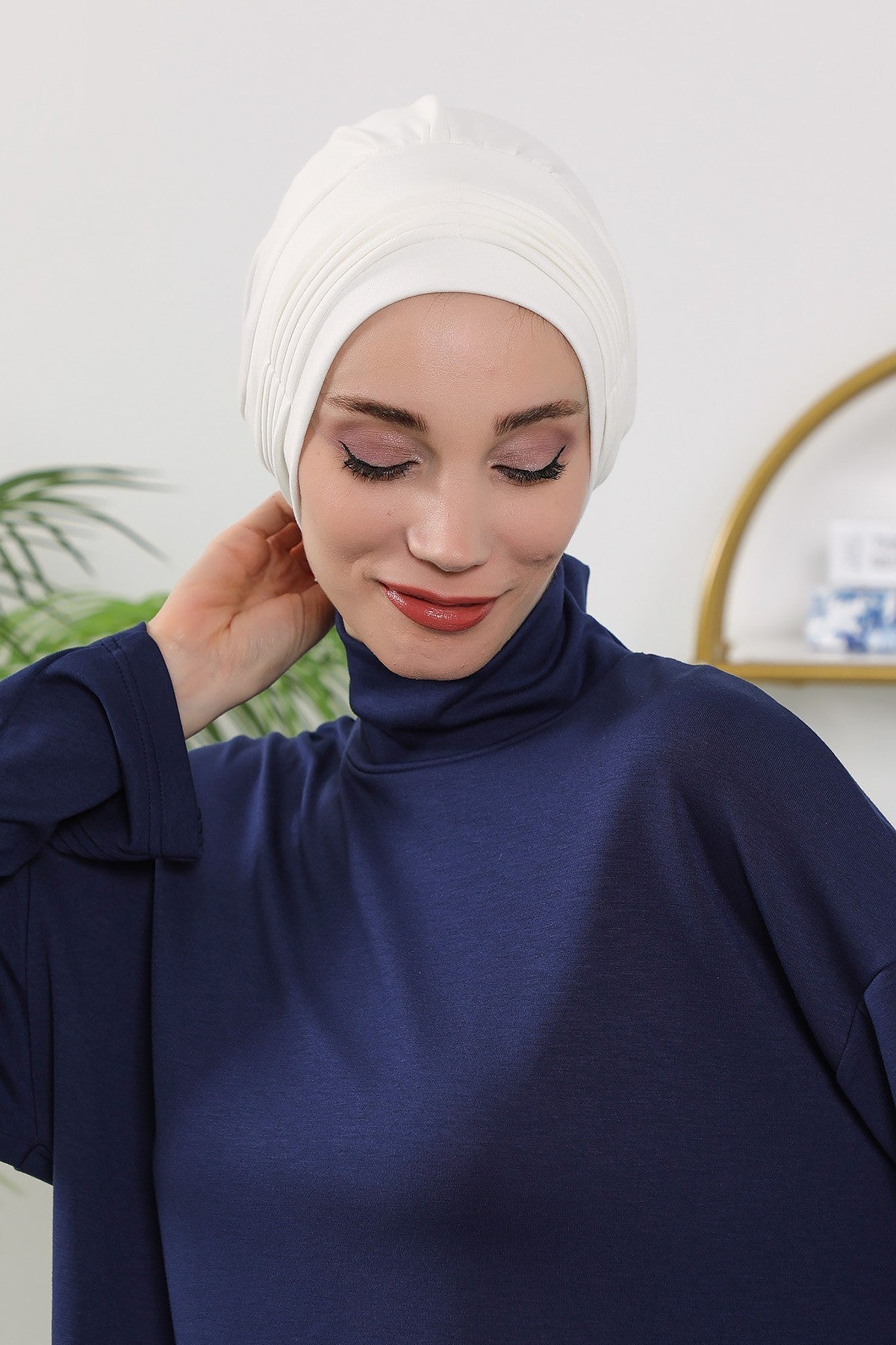Pleated Instant Turban Hijab for Women, Soft Double Face Fabric Ready to Wear Modest Head Cover,B-19O Ecru