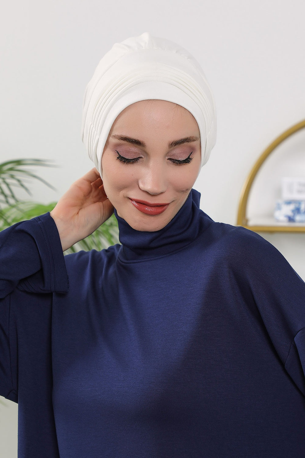 Pleated Instant Turban Hijab for Women, Soft Double Face Fabric Ready to Wear Modest Head Cover,B-19O Ecru