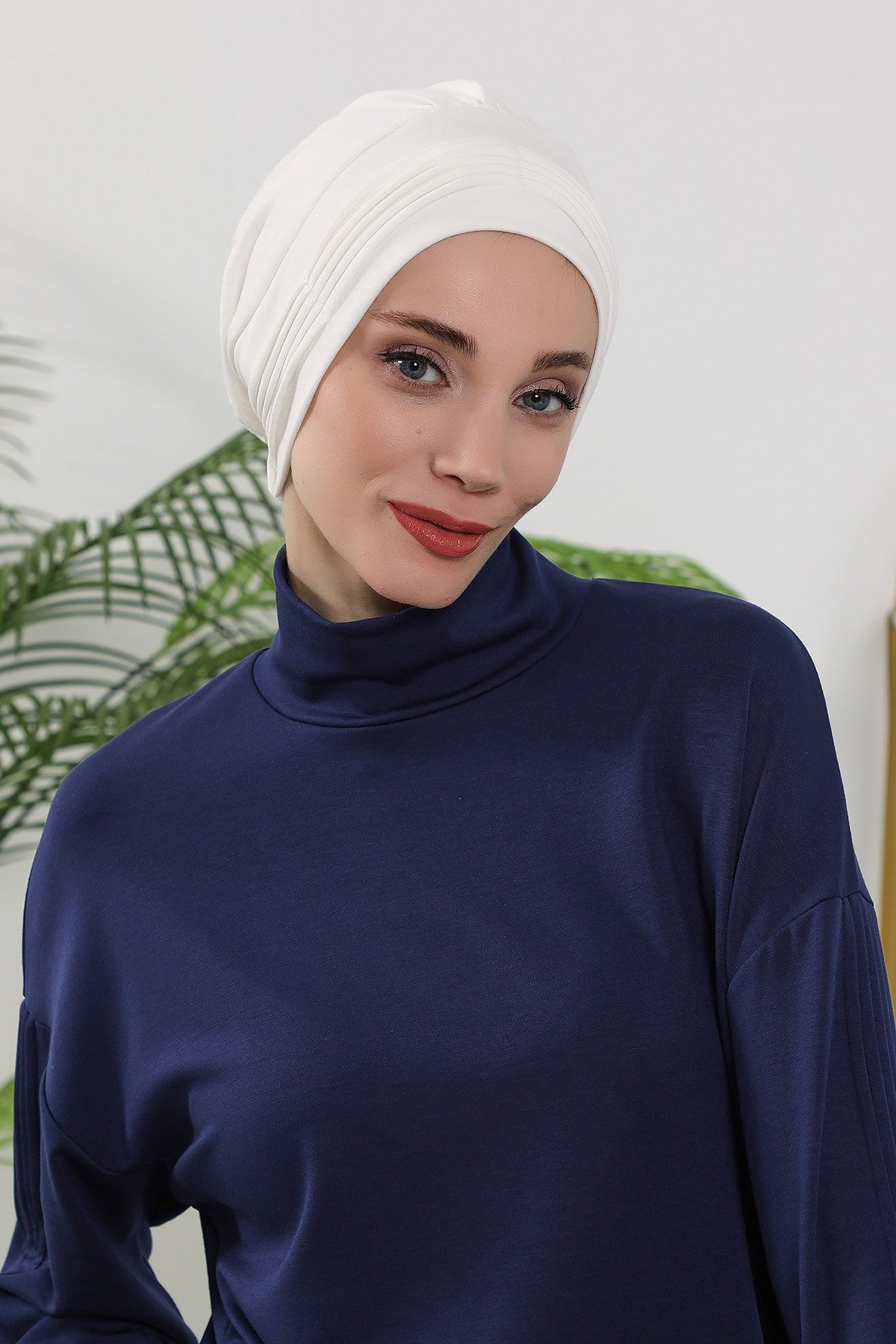 Pleated Instant Turban Hijab for Women, Soft Double Face Fabric Ready to Wear Modest Head Cover,B-19O Ecru